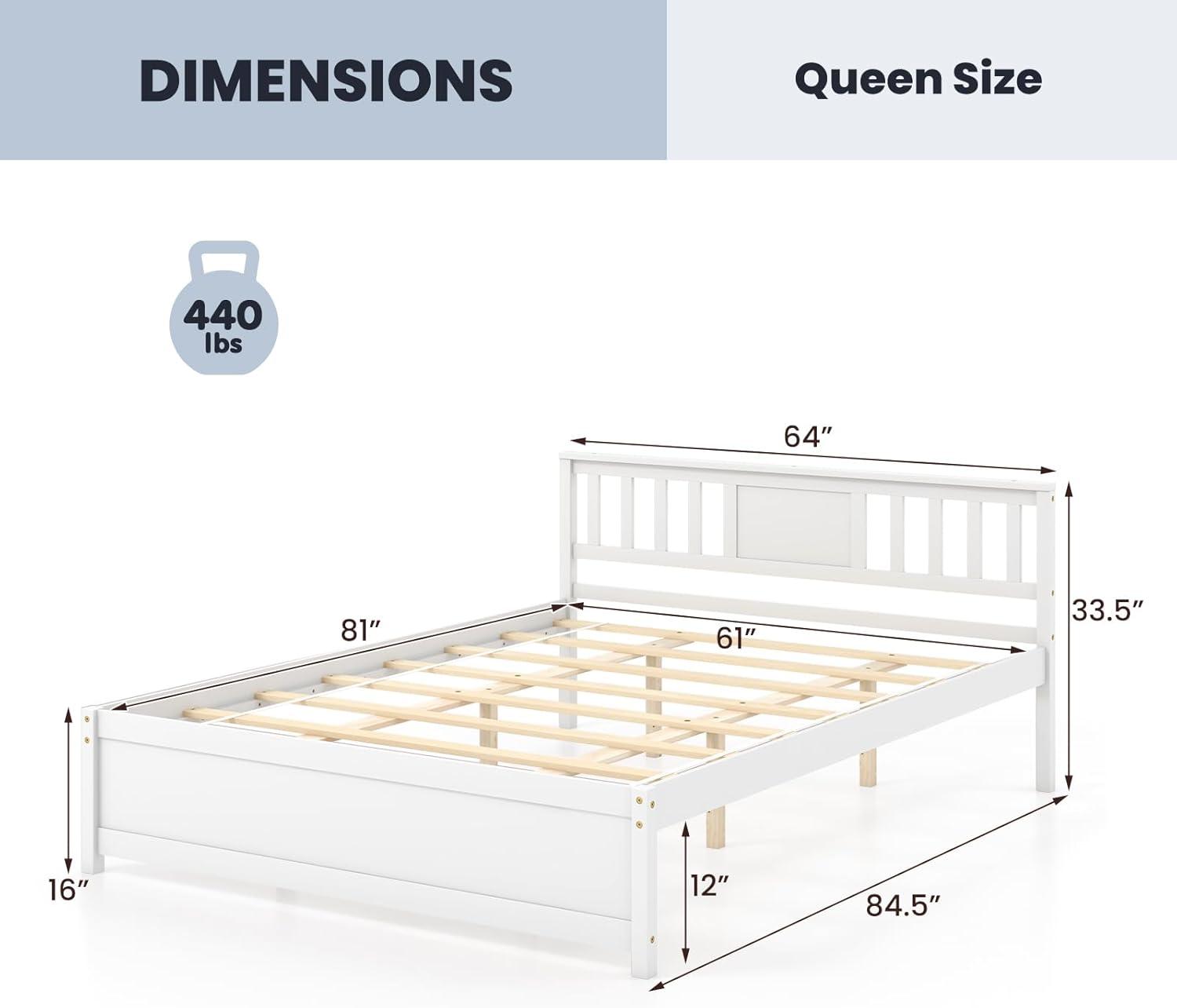 image:imageGiantex Queen Size Solid Wood Platform Bed Frame Mid Century Queen Bed Frame with Headboard Wooden Slat Support Queen Panel Bed No Box Spring Needed Easy Assembly WhiteWhite