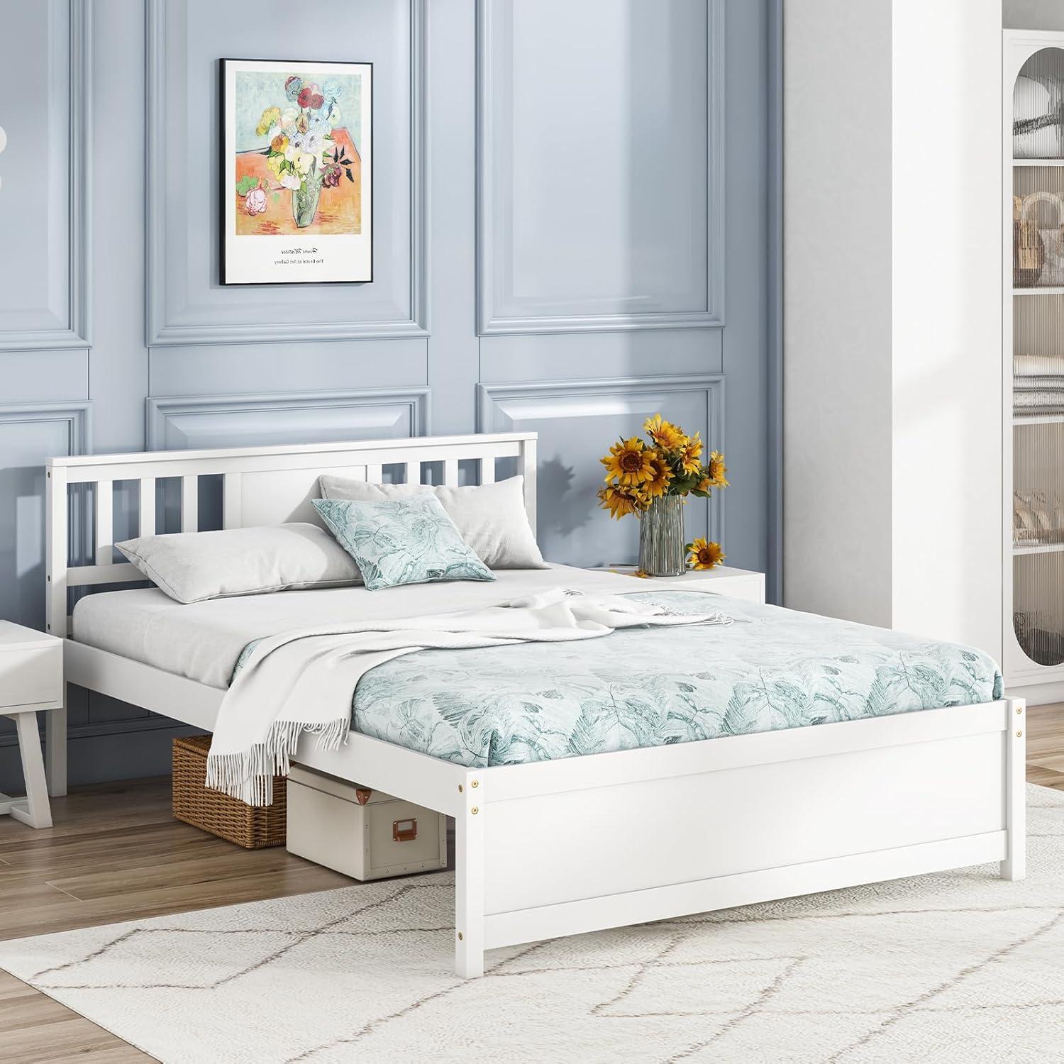 image:imageGiantex Queen Size Solid Wood Platform Bed Frame Mid Century Queen Bed Frame with Headboard Wooden Slat Support Queen Panel Bed No Box Spring Needed Easy Assembly WhiteWhite