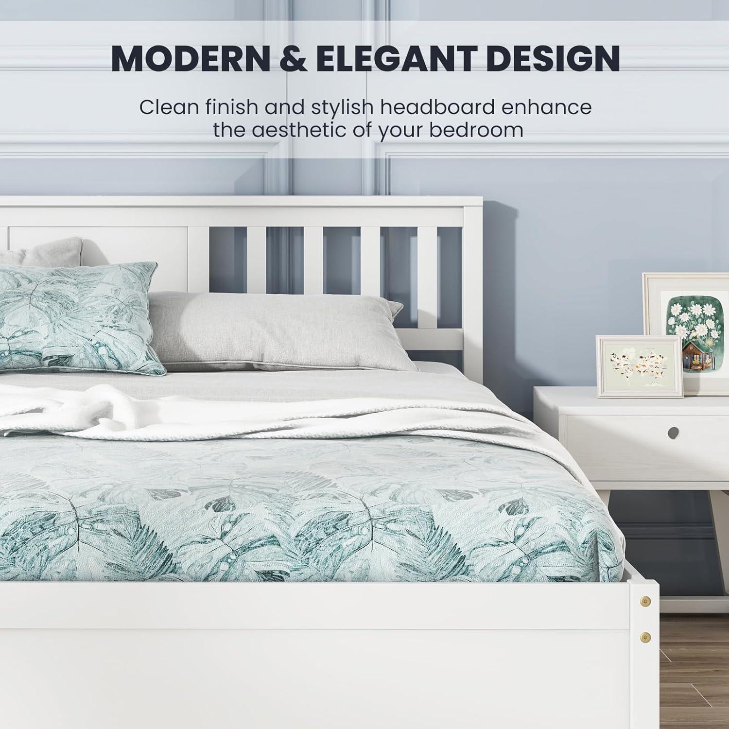 image:imageGiantex Queen Size Solid Wood Platform Bed Frame Mid Century Queen Bed Frame with Headboard Wooden Slat Support Queen Panel Bed No Box Spring Needed Easy Assembly WhiteWhite