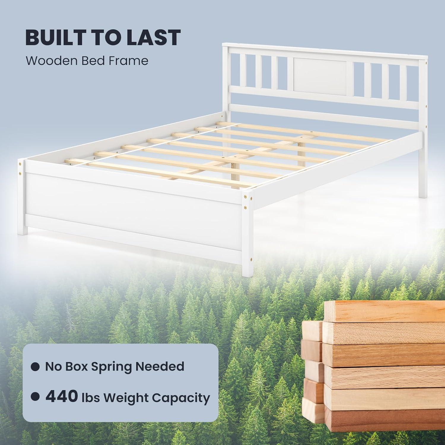 image:imageGiantex Queen Size Solid Wood Platform Bed Frame Mid Century Queen Bed Frame with Headboard Wooden Slat Support Queen Panel Bed No Box Spring Needed Easy Assembly WhiteWhite