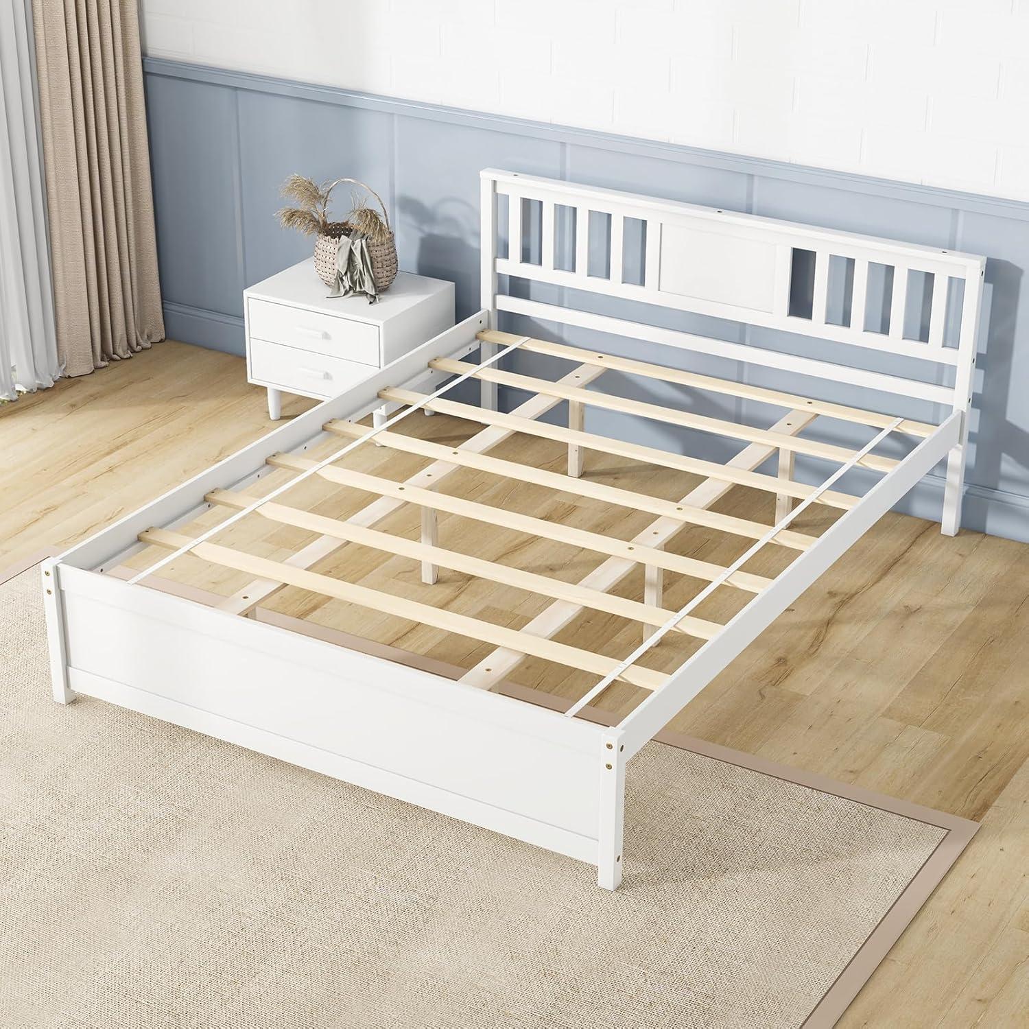 image:imageGiantex Queen Size Solid Wood Platform Bed Frame Mid Century Queen Bed Frame with Headboard Wooden Slat Support Queen Panel Bed No Box Spring Needed Easy Assembly WhiteWhite