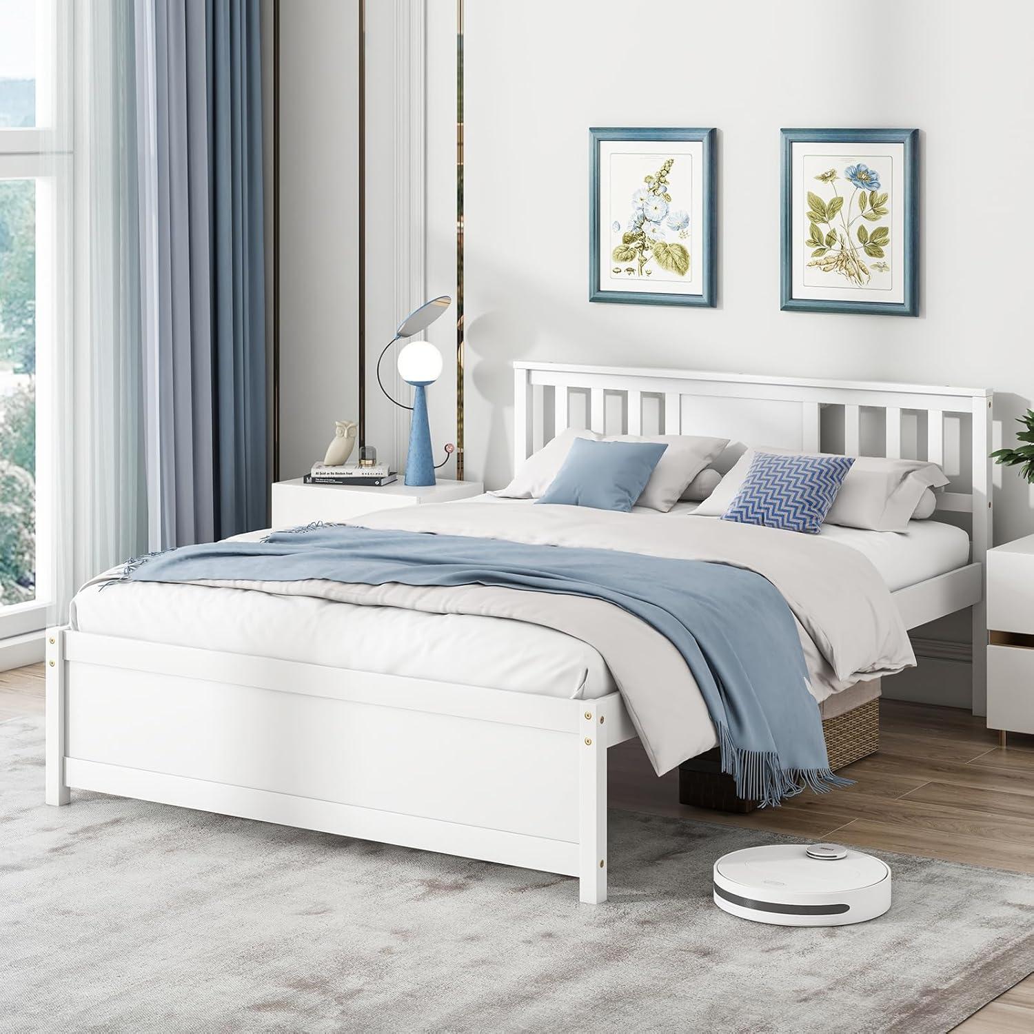 image:imageGiantex Queen Size Solid Wood Platform Bed Frame Mid Century Queen Bed Frame with Headboard Wooden Slat Support Queen Panel Bed No Box Spring Needed Easy Assembly WhiteWhite