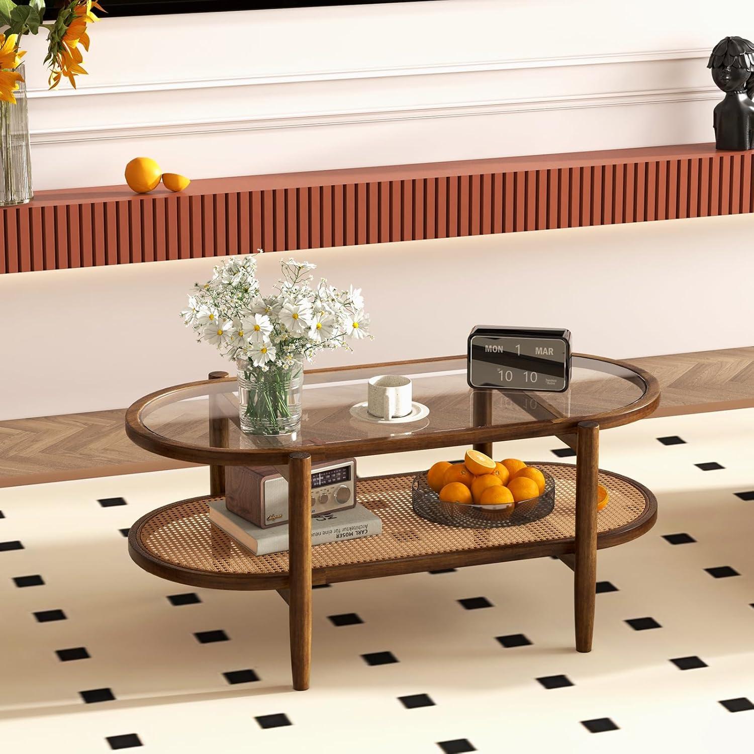image:imageGiantex Rattan Coffee Table 2Tier Oval Wood Tea Table with Tempered Glass Tabletop amp PE Rattan Storage Shelf 40 Boho Cocktail Tables Mid Century Modern Center Table for Living Room Office BlackBrown