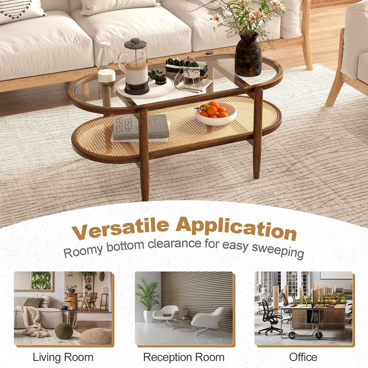 image:imageGiantex Rattan Coffee Table 2Tier Oval Wood Tea Table with Tempered Glass Tabletop amp PE Rattan Storage Shelf 40 Boho Cocktail Tables Mid Century Modern Center Table for Living Room Office BlackBrown