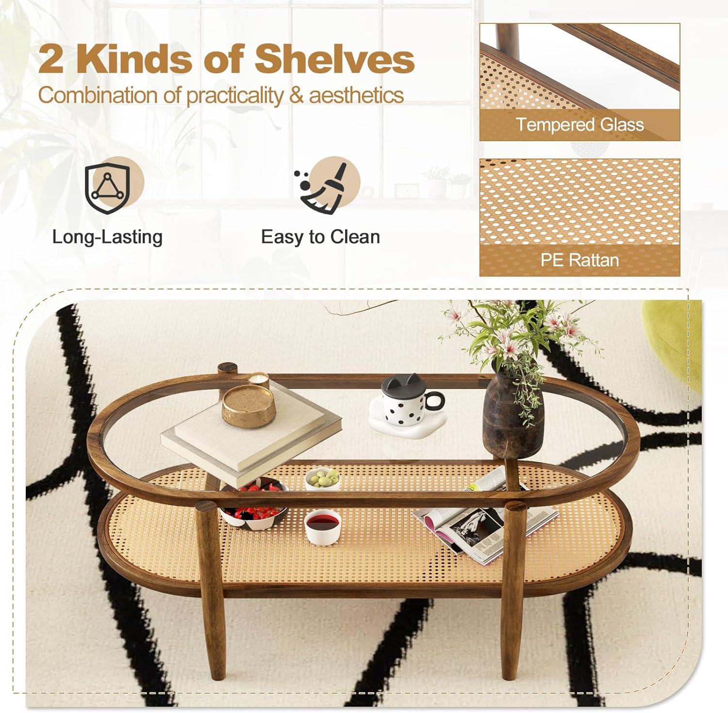 image:imageGiantex Rattan Coffee Table 2Tier Oval Wood Tea Table with Tempered Glass Tabletop amp PE Rattan Storage Shelf 40 Boho Cocktail Tables Mid Century Modern Center Table for Living Room Office BlackBrown