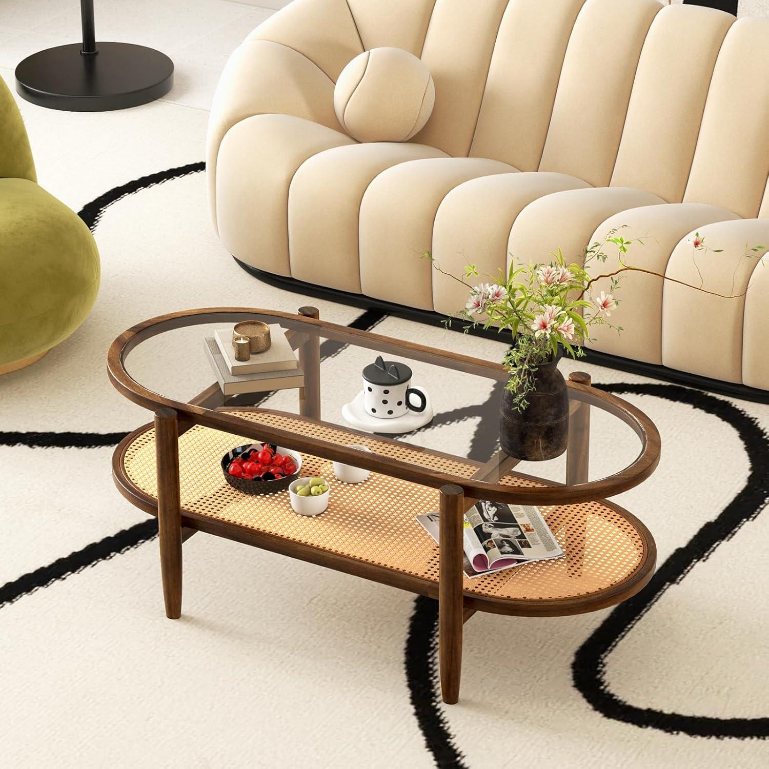 image:imageGiantex Rattan Coffee Table 2Tier Oval Wood Tea Table with Tempered Glass Tabletop amp PE Rattan Storage Shelf 40 Boho Cocktail Tables Mid Century Modern Center Table for Living Room Office BlackBrown