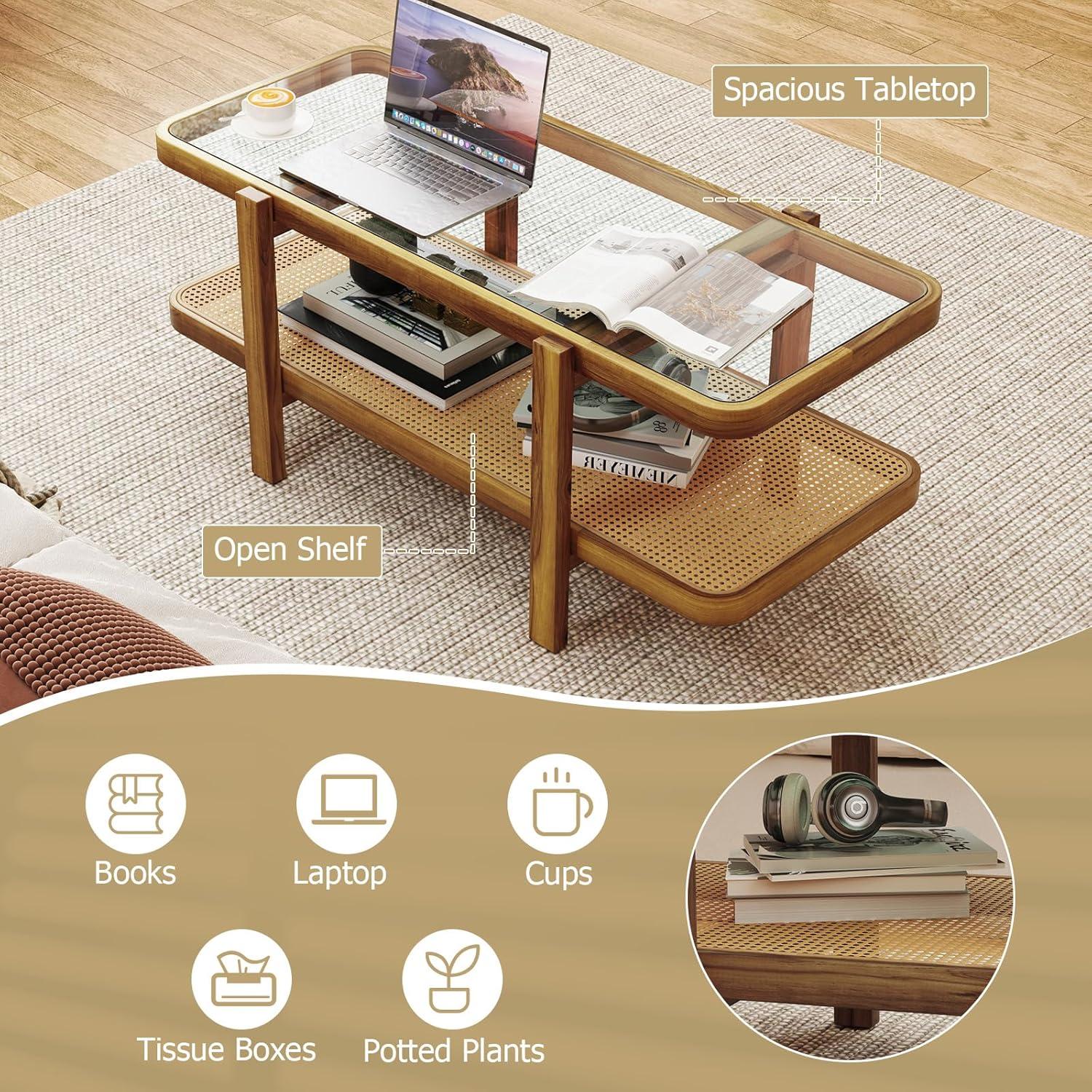 image:imageGiantex Rattan Coffee Table 475 Rectangle Solid Wood Tea Table wTempered Glass Tabletop Rattan Storage Shelf 2Tier Boho Coffee Tables Farmhouse Center Table for Living Room OakOak