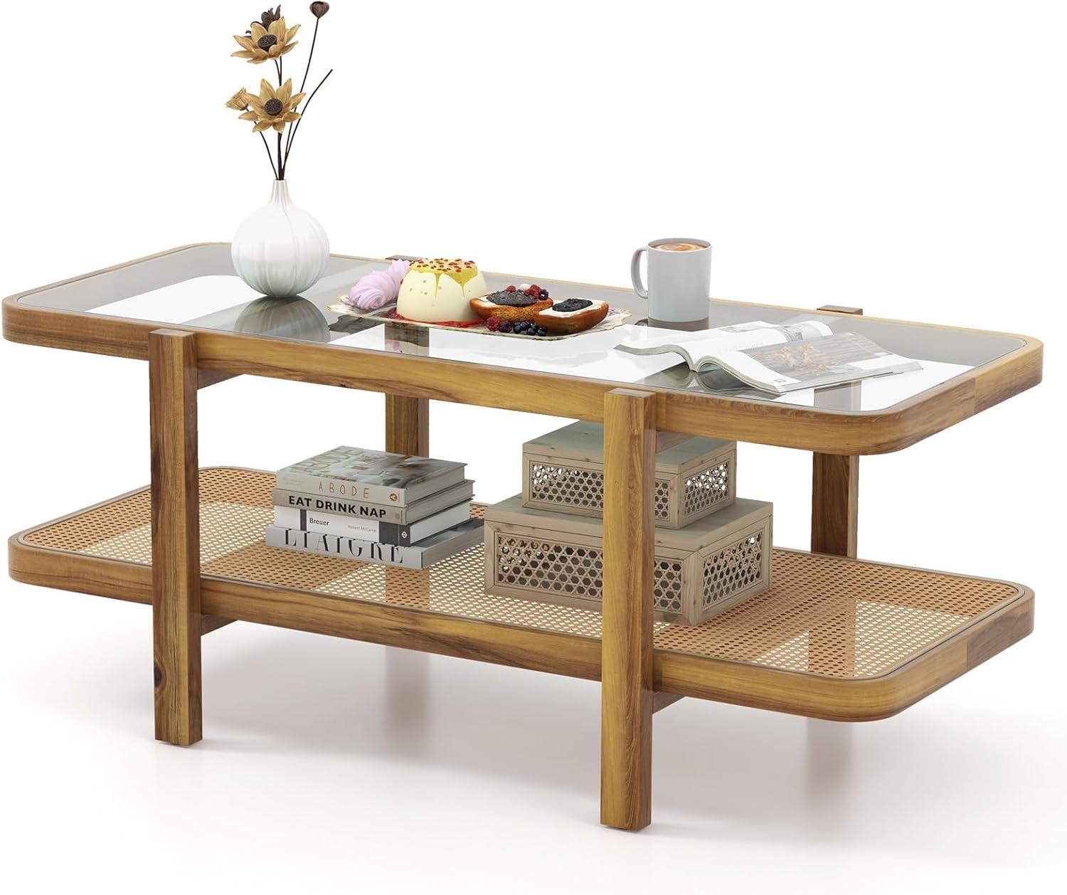 image:imageGiantex Rattan Coffee Table 475 Rectangle Solid Wood Tea Table wTempered Glass Tabletop Rattan Storage Shelf 2Tier Boho Coffee Tables Farmhouse Center Table for Living Room OakOak