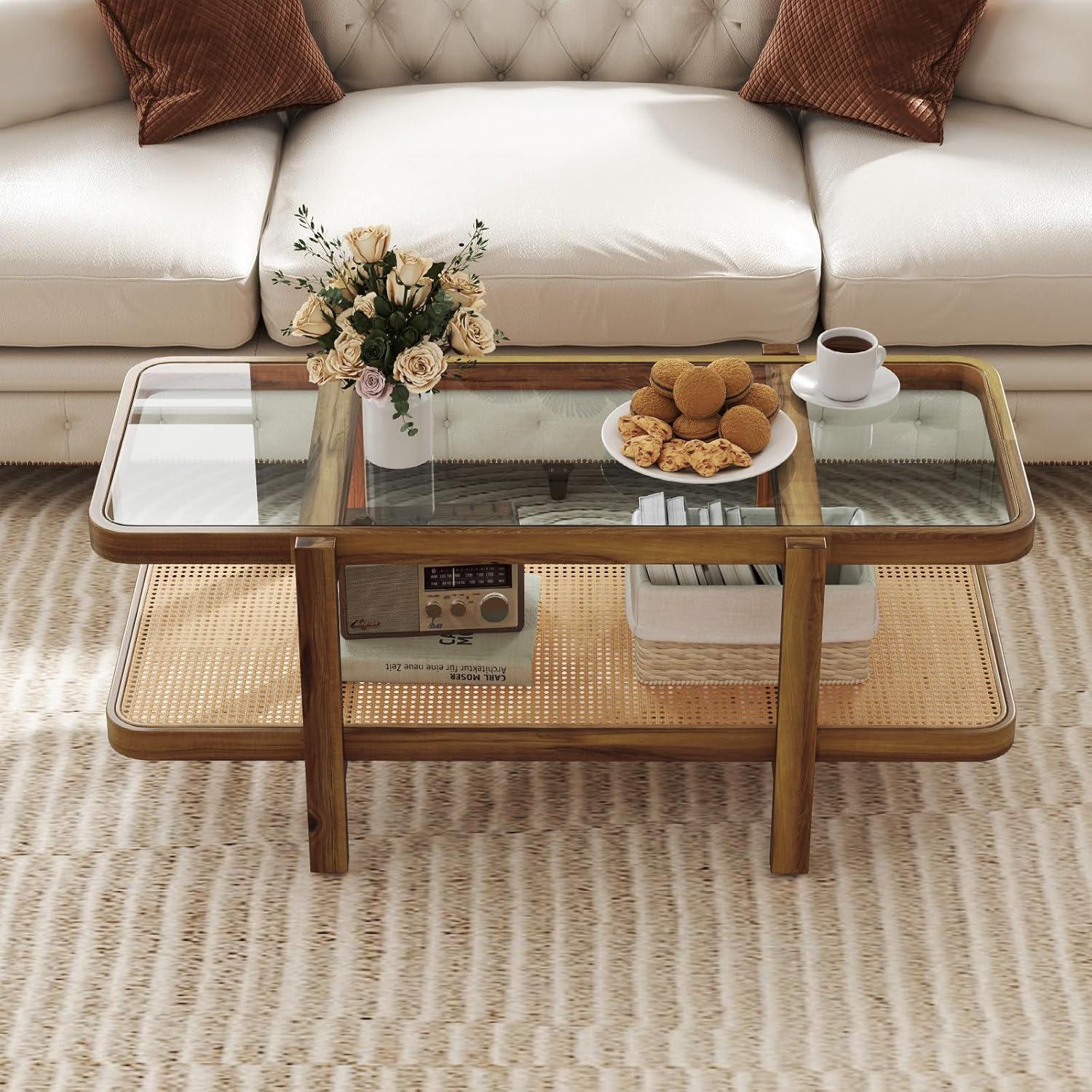 image:imageGiantex Rattan Coffee Table 475 Rectangle Solid Wood Tea Table wTempered Glass Tabletop Rattan Storage Shelf 2Tier Boho Coffee Tables Farmhouse Center Table for Living Room OakOak