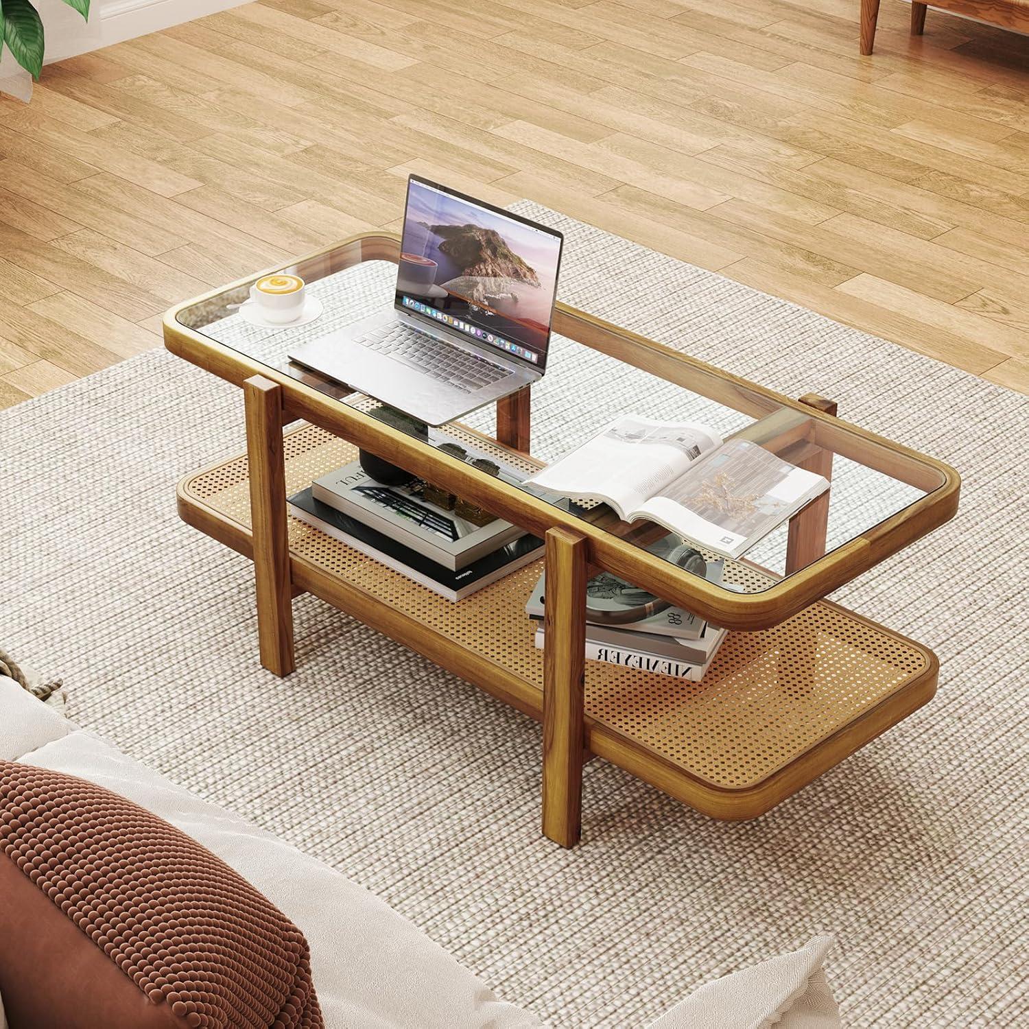 image:imageGiantex Rattan Coffee Table 475 Rectangle Solid Wood Tea Table wTempered Glass Tabletop Rattan Storage Shelf 2Tier Boho Coffee Tables Farmhouse Center Table for Living Room OakOak