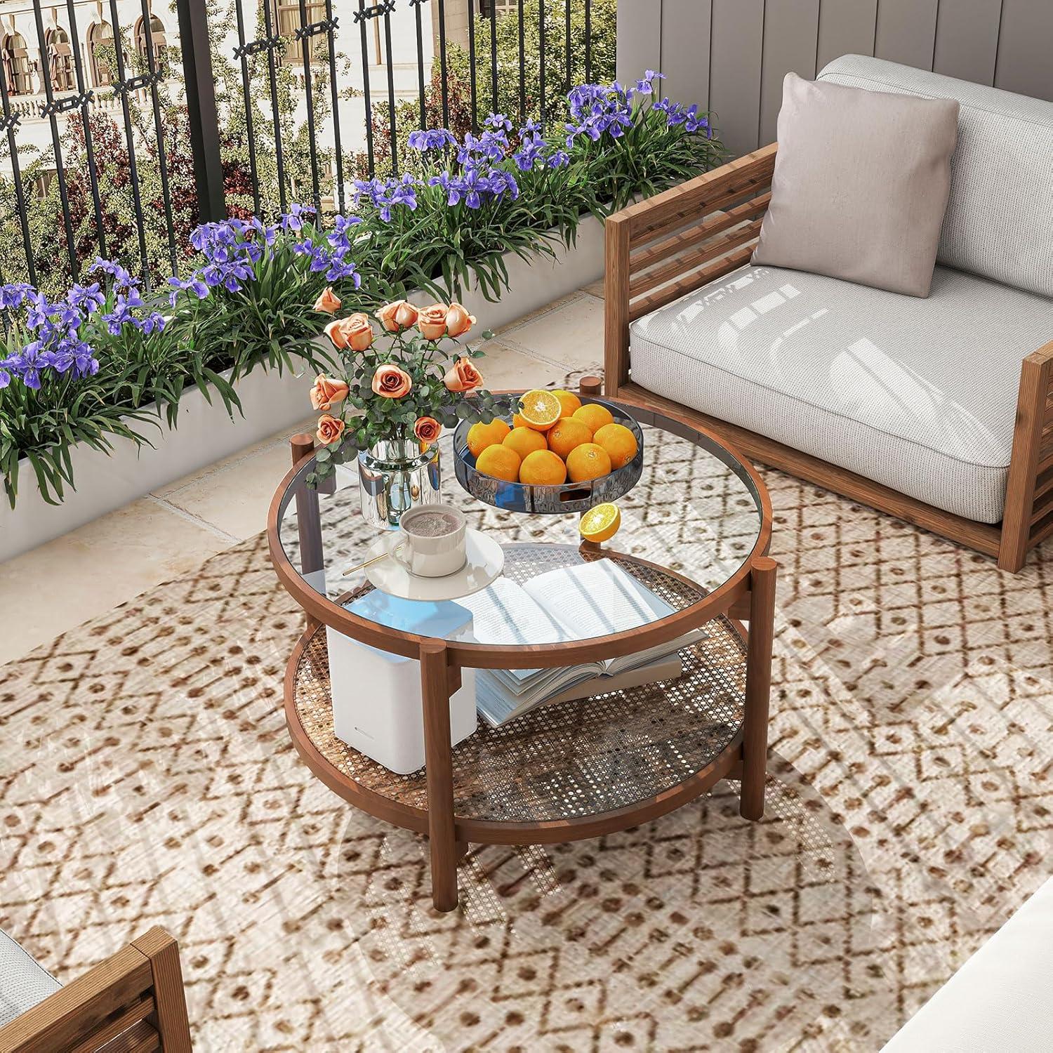 image:imageGiantex Rattan Coffee Table Boho Round Glass Tea Table with PE Rattan Storage Shelf amp Wood Frame 2 Tier Accent Center Table for Living Room Apartment Small Space