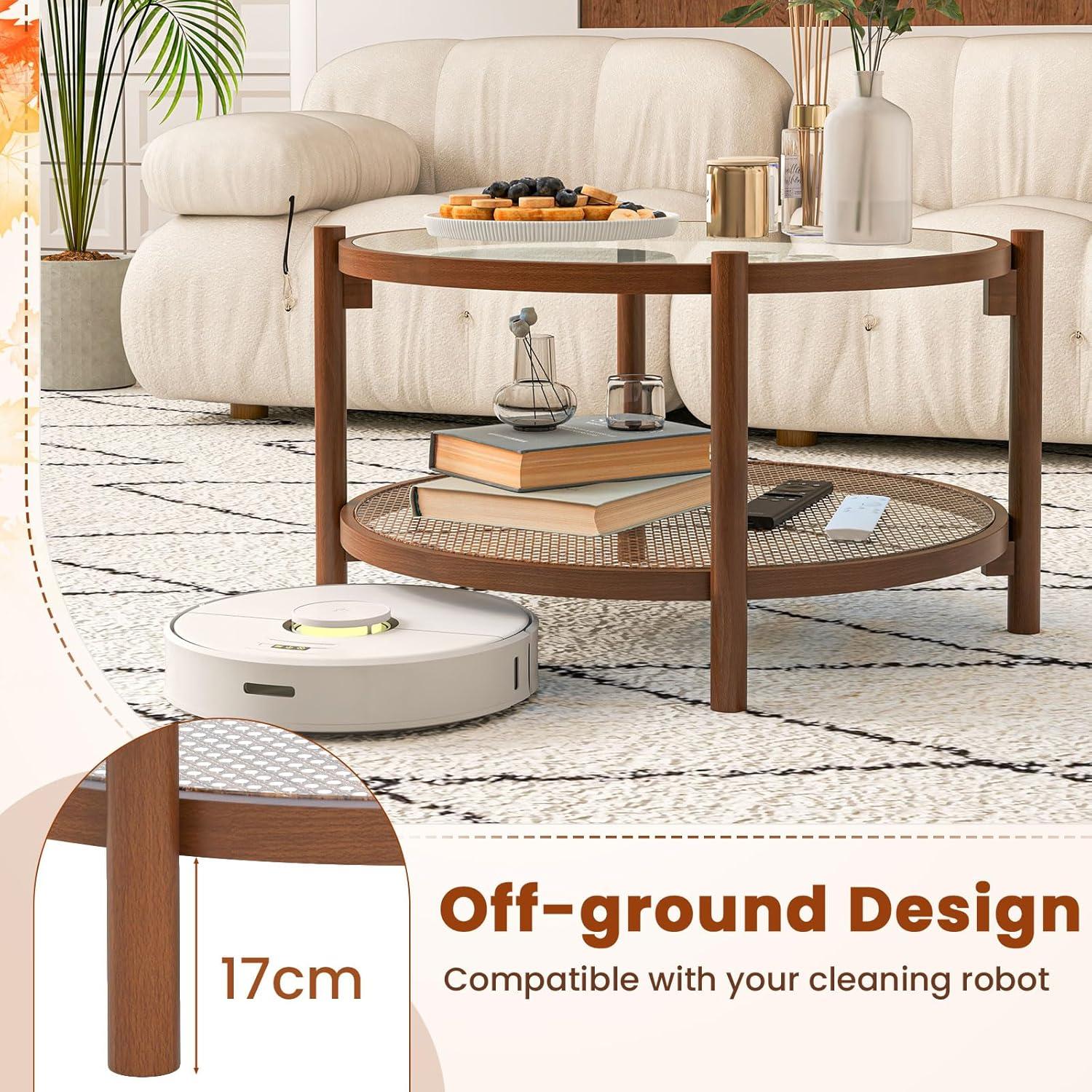 image:imageGiantex Rattan Coffee Table Boho Round Glass Tea Table with PE Rattan Storage Shelf amp Wood Frame 2 Tier Accent Center Table for Living Room Apartment Small Space