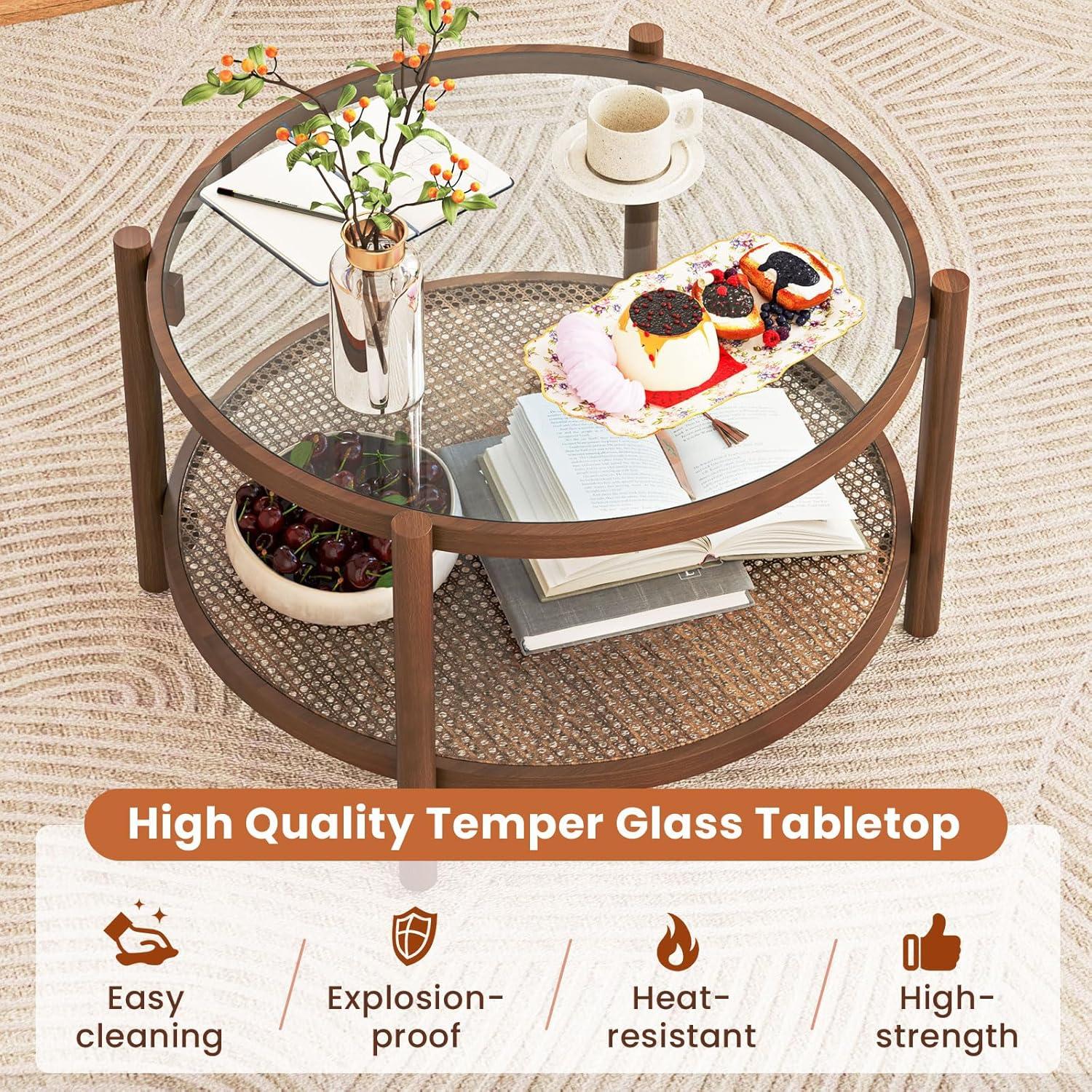 image:imageGiantex Rattan Coffee Table Boho Round Glass Tea Table with PE Rattan Storage Shelf amp Wood Frame 2 Tier Accent Center Table for Living Room Apartment Small Space