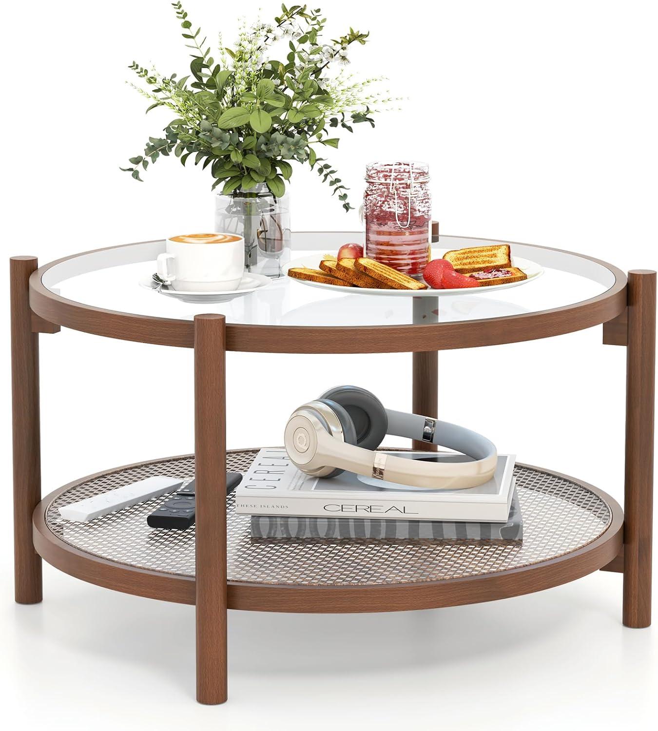 image:imageGiantex Rattan Coffee Table Boho Round Glass Tea Table with PE Rattan Storage Shelf amp Wood Frame 2 Tier Accent Center Table for Living Room Apartment Small Space