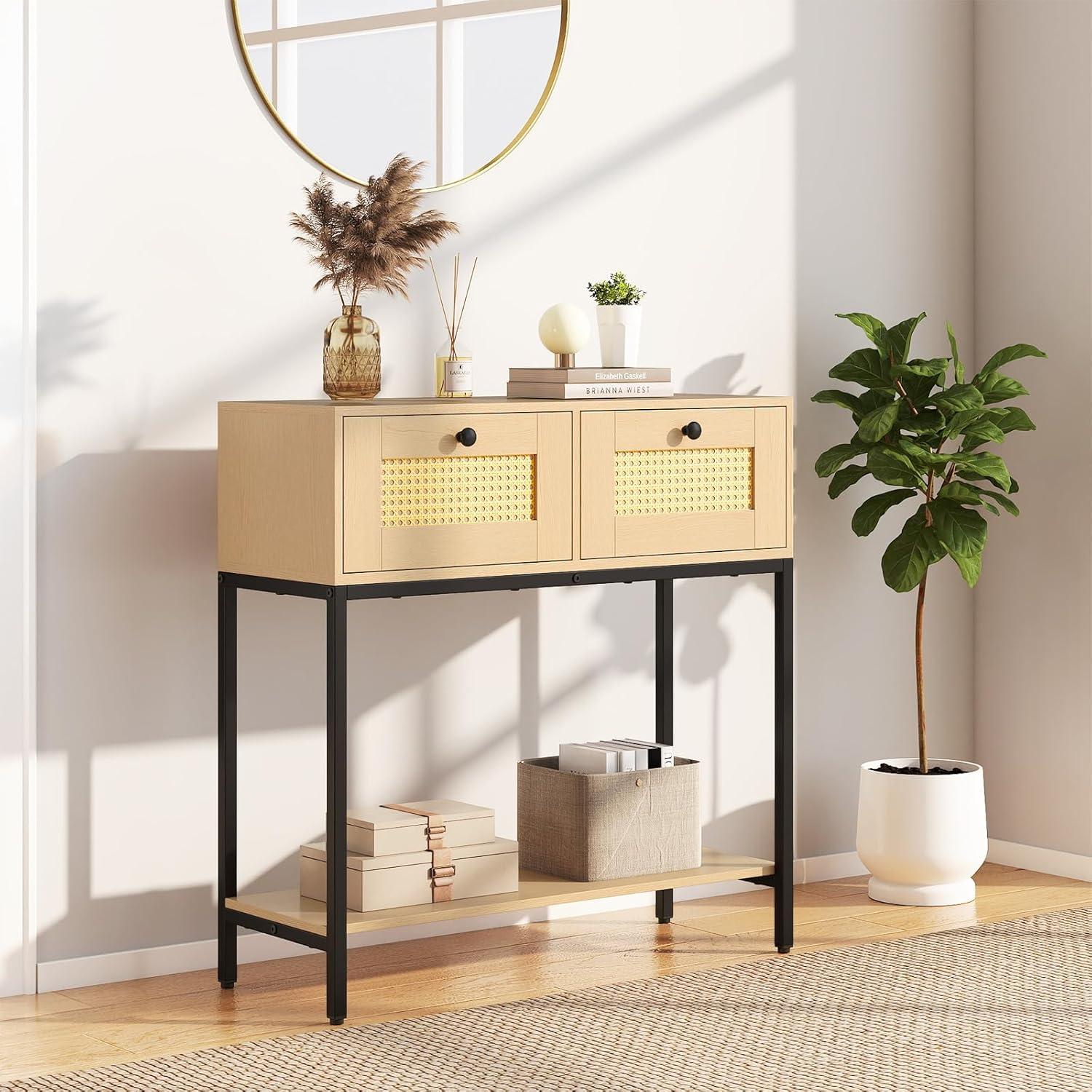 image:imageGiantex Rattan Console Table 32 Boho Entryway Table with 2 Drawers Metal Frame Narrow Long Sofa Tables with Open Storage Shelf for Living Room Hallway Foyer Entrance NaturalNatural