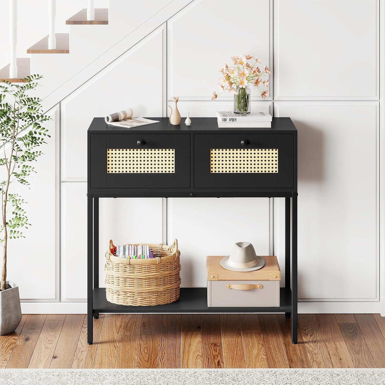 image:imageGiantex Rattan Console Table 32 Boho Entryway Table with 2 Drawers Metal Frame Narrow Long Sofa Tables with Open Storage Shelf for Living Room Hallway Foyer Entrance NaturalBlack