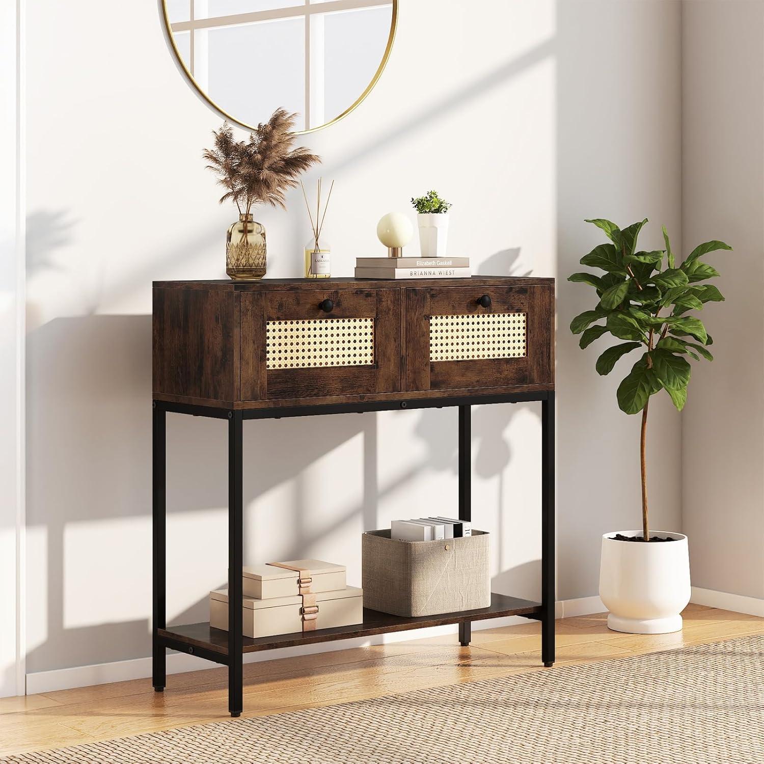 image:imageGiantex Rattan Console Table 32 Boho Entryway Table with 2 Drawers Metal Frame Narrow Long Sofa Tables with Open Storage Shelf for Living Room Hallway Foyer Entrance NaturalRustic Brown
