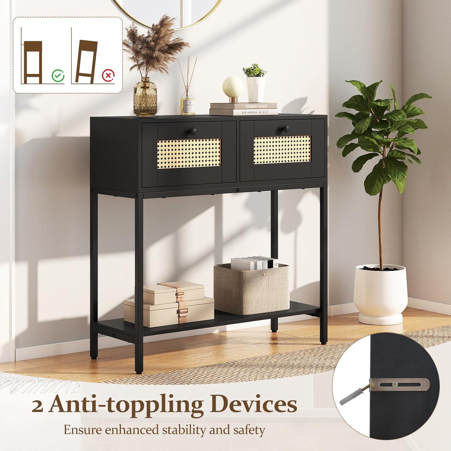 image:imageGiantex Rattan Console Table 32 Boho Entryway Table with 2 Drawers Metal Frame Narrow Long Sofa Tables with Open Storage Shelf for Living Room Hallway Foyer Entrance NaturalBlack