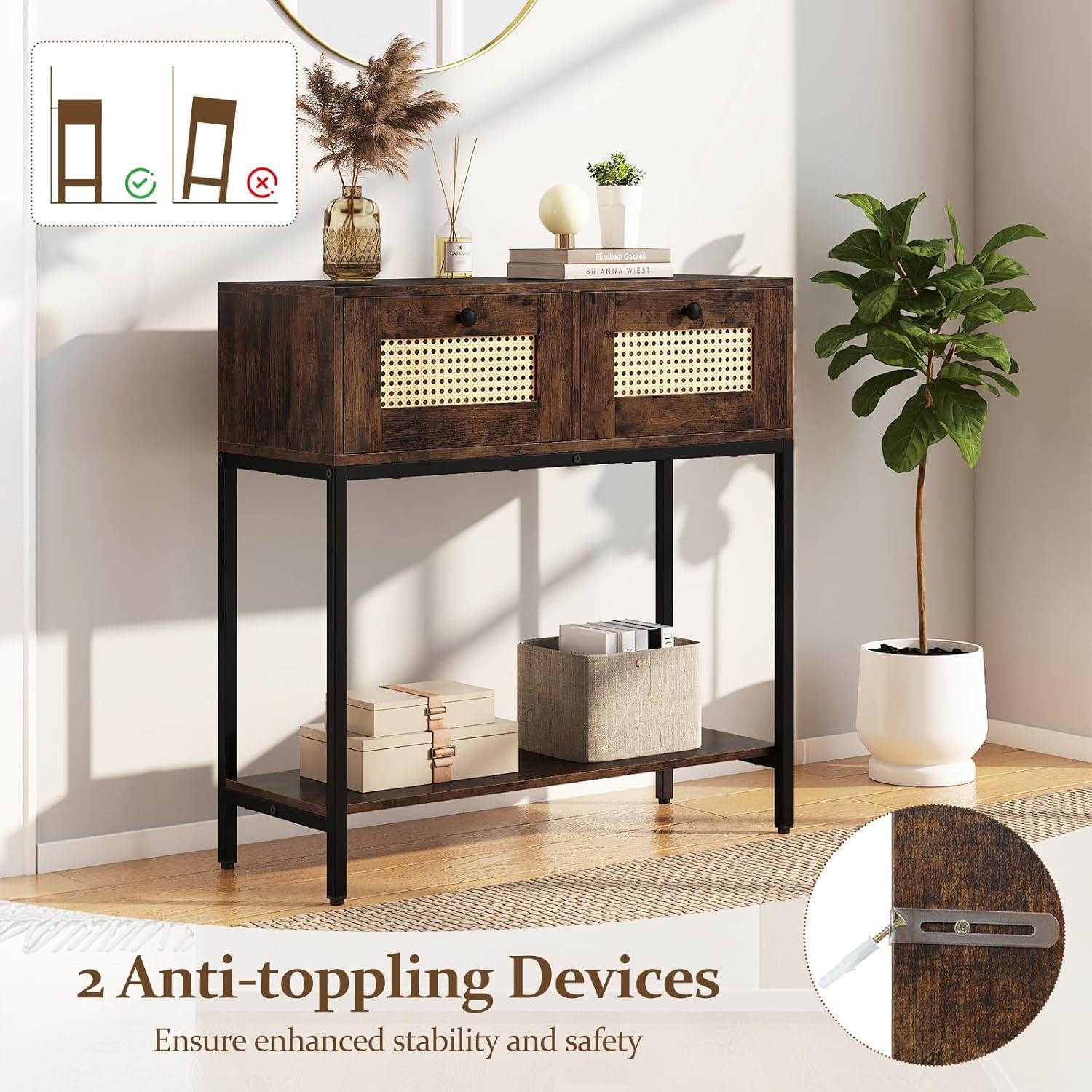 image:imageGiantex Rattan Console Table 32 Boho Entryway Table with 2 Drawers Metal Frame Narrow Long Sofa Tables with Open Storage Shelf for Living Room Hallway Foyer Entrance NaturalRustic Brown