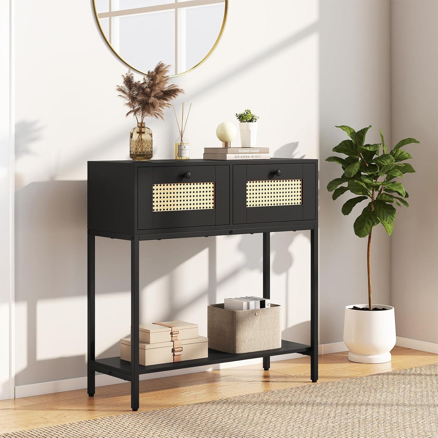 image:imageGiantex Rattan Console Table 32 Boho Entryway Table with 2 Drawers Metal Frame Narrow Long Sofa Tables with Open Storage Shelf for Living Room Hallway Foyer Entrance NaturalBlack