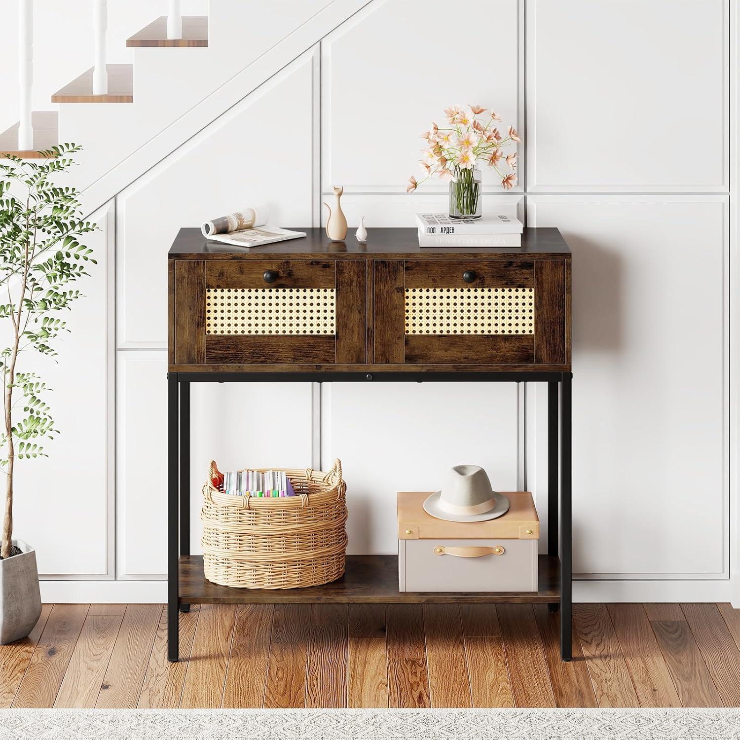 image:imageGiantex Rattan Console Table 32 Boho Entryway Table with 2 Drawers Metal Frame Narrow Long Sofa Tables with Open Storage Shelf for Living Room Hallway Foyer Entrance NaturalRustic Brown