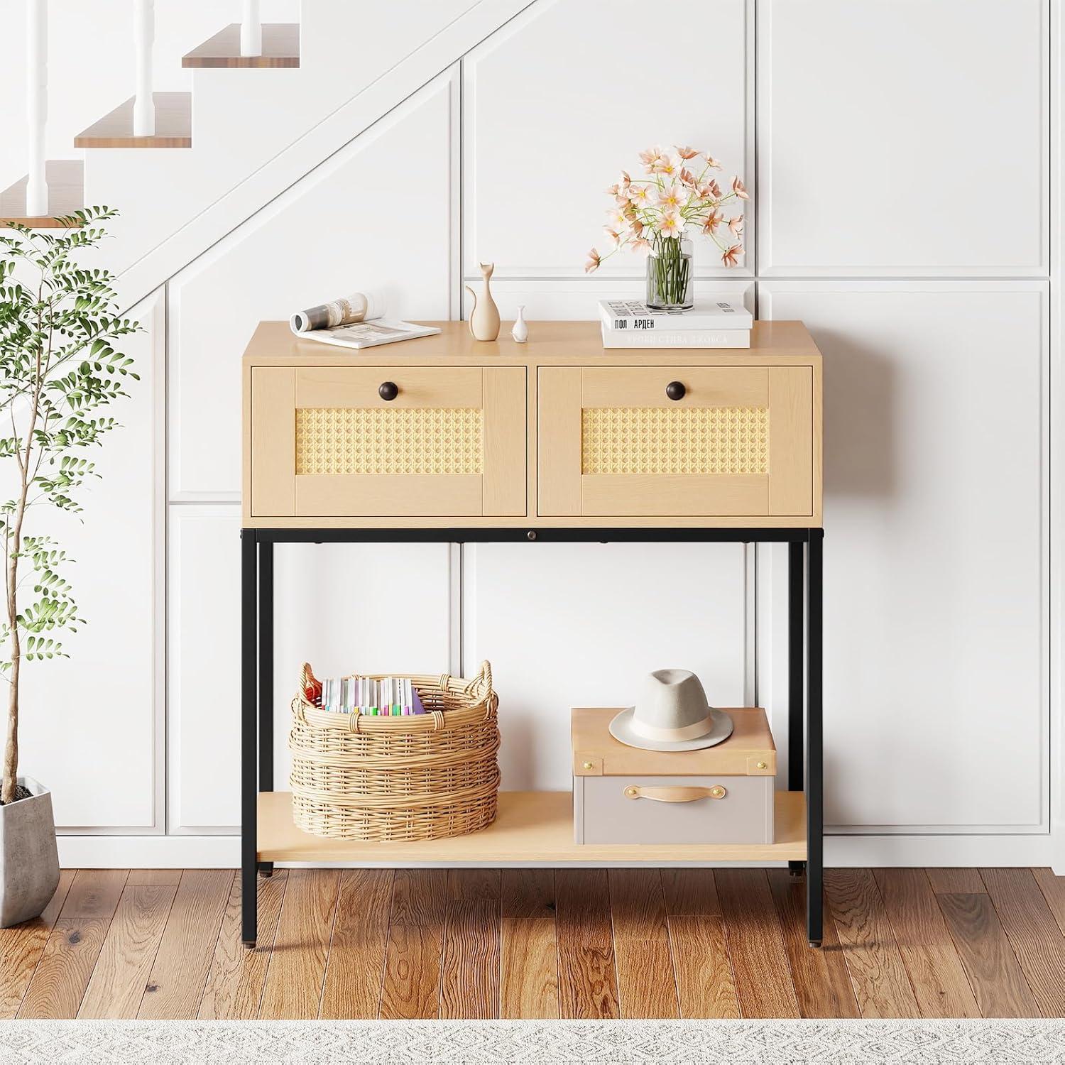 image:imageGiantex Rattan Console Table 32 Boho Entryway Table with 2 Drawers Metal Frame Narrow Long Sofa Tables with Open Storage Shelf for Living Room Hallway Foyer Entrance NaturalNatural