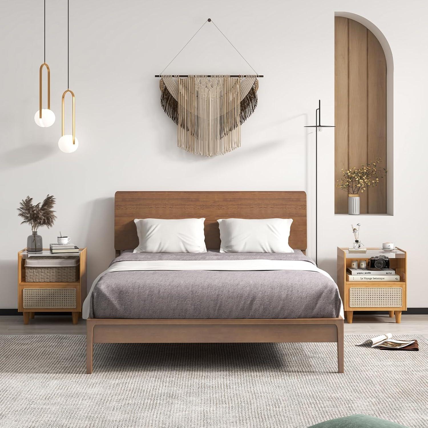 image:imageGiantex Rattan Nightstand with Drawer Set of 2 Boho Bamboo Bedside Table with Tempered Glass Top and Solid Wood Legs 20 End Side Table with Storage Night Stand for Bedroom Living Room NaturalNatural