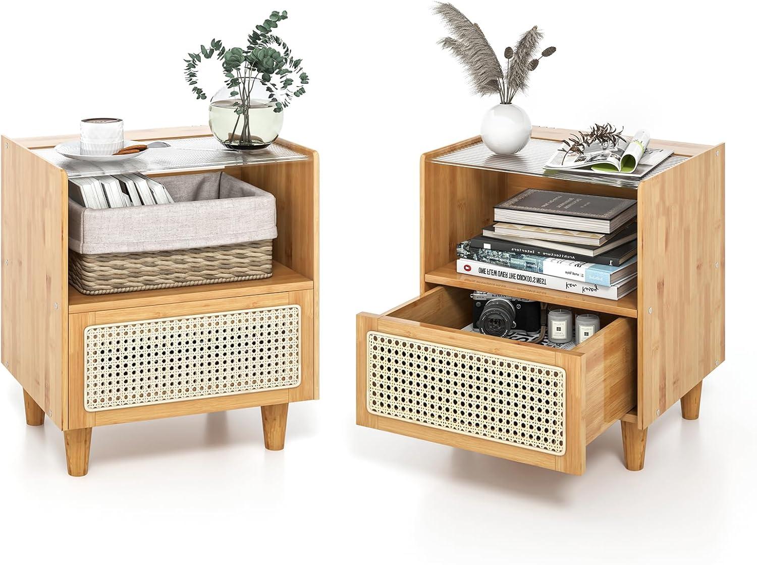image:imageGiantex Rattan Nightstand with Drawer Set of 2 Boho Bamboo Bedside Table with Tempered Glass Top and Solid Wood Legs 20 End Side Table with Storage Night Stand for Bedroom Living Room NaturalNatural