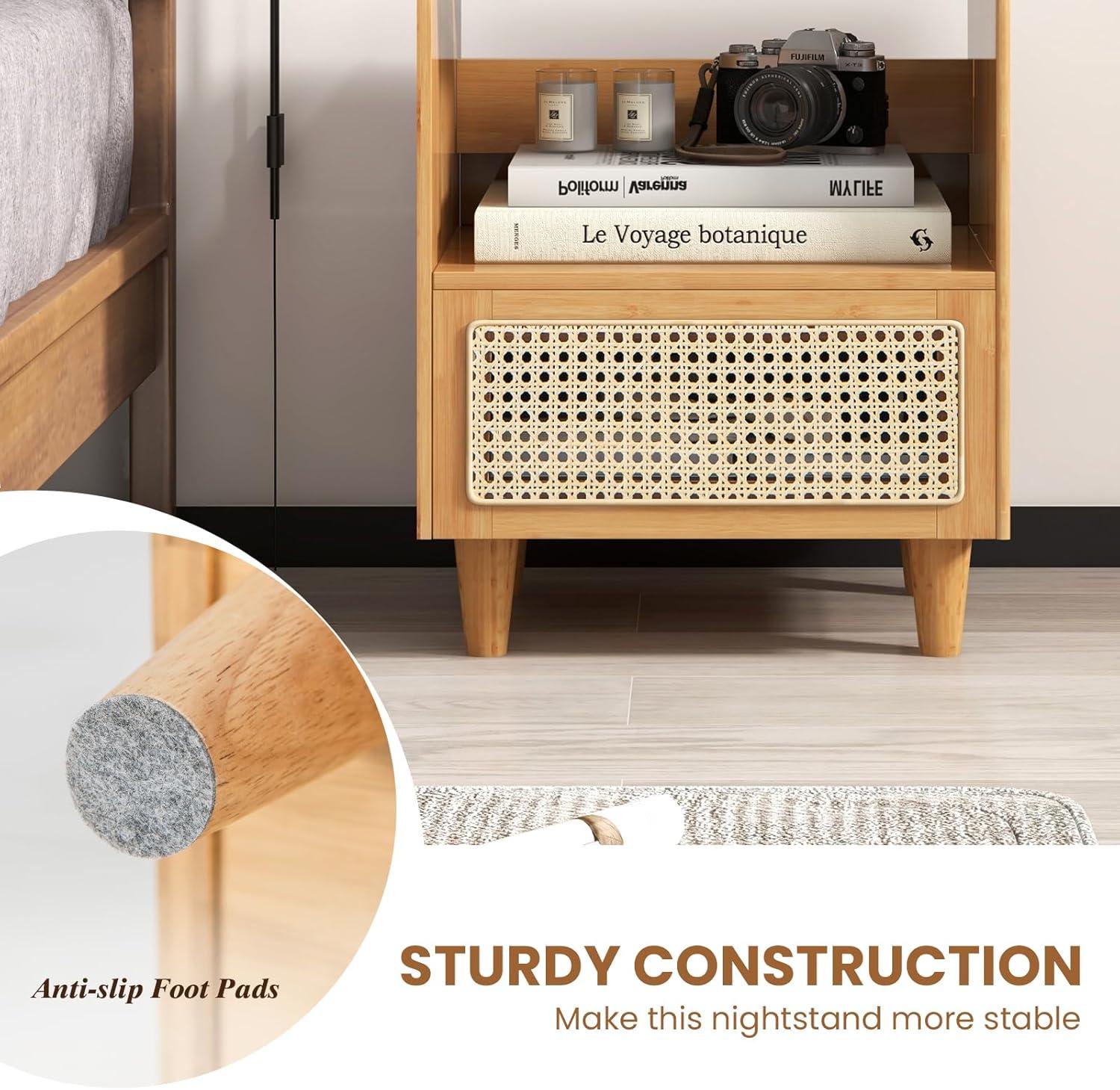 image:imageGiantex Rattan Nightstand with Drawer Set of 2 Boho Bamboo Bedside Table with Tempered Glass Top and Solid Wood Legs 20 End Side Table with Storage Night Stand for Bedroom Living Room NaturalNatural