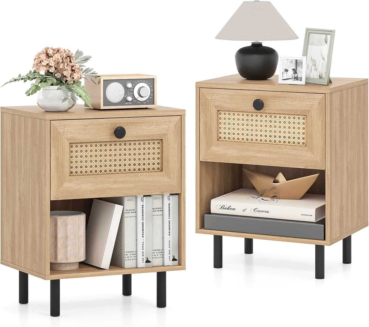 image:imageGiantex Rattan Nightstands with Drawer Set of 2 Boho Side Tables with 4 Metal Legs and Open Storage Shelf Farmhouse Night Stands for Small Spaces 2 Tier Bedside Tables for Bedroom Office OakNatural