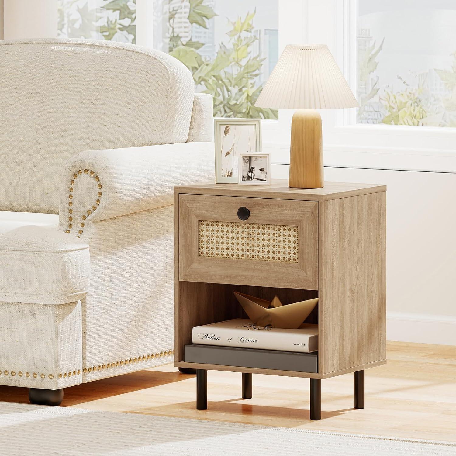 image:imageGiantex Rattan Nightstands with Drawer Set of 2 Boho Side Tables with 4 Metal Legs and Open Storage Shelf Farmhouse Night Stands for Small Spaces 2 Tier Bedside Tables for Bedroom Office OakNatural