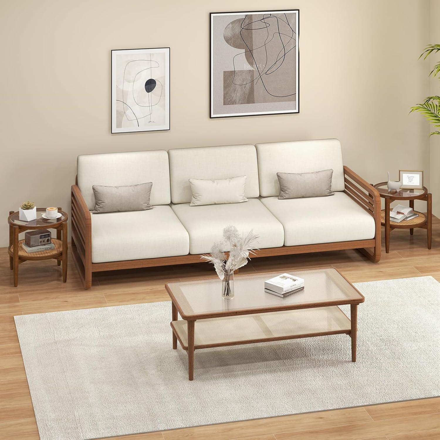 image:imageGiantex Rattan Round End Table Walnut Boho Nightstand with Tempered Glass Top and Acacia Wood Legs 2Tier Side Table with Storage Bedside Tables for Small Spaces Living Room Bedroom