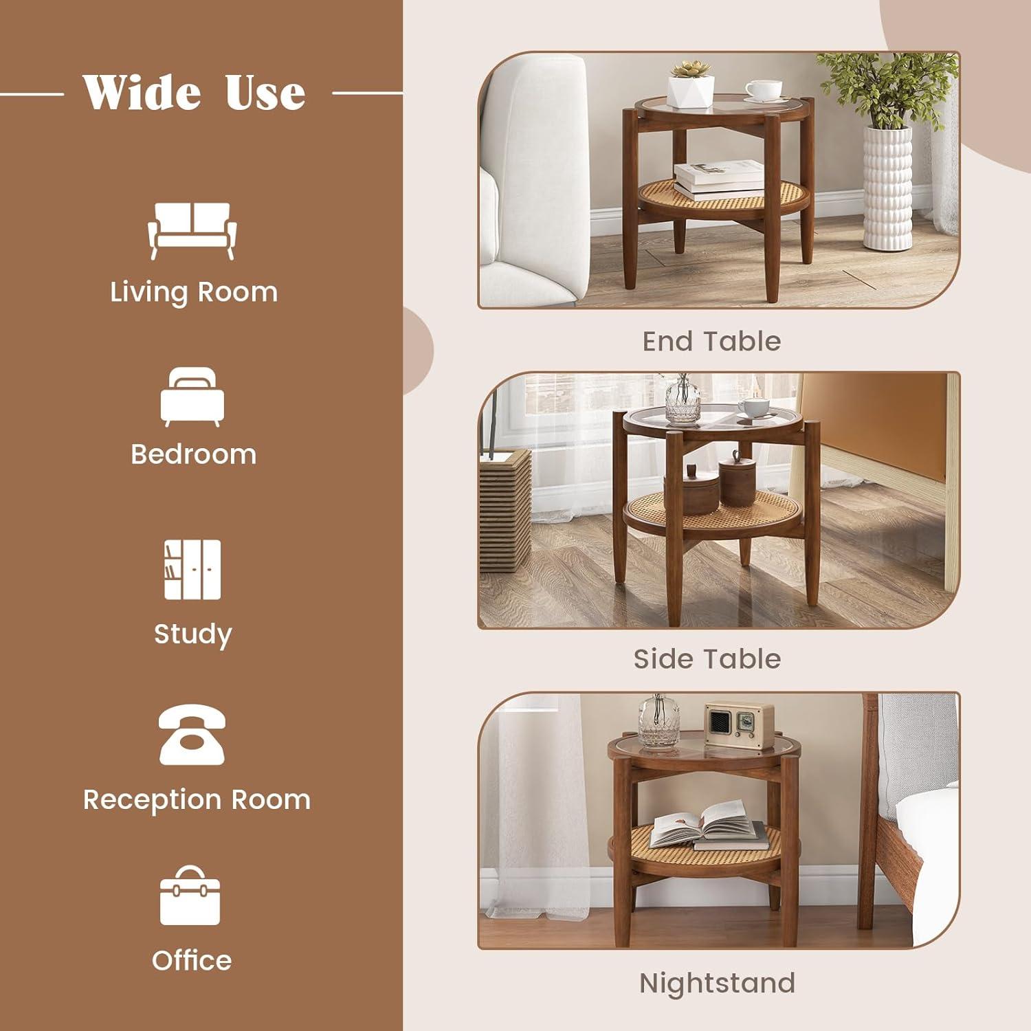 image:imageGiantex Rattan Round End Table Walnut Boho Nightstand with Tempered Glass Top and Acacia Wood Legs 2Tier Side Table with Storage Bedside Tables for Small Spaces Living Room Bedroom