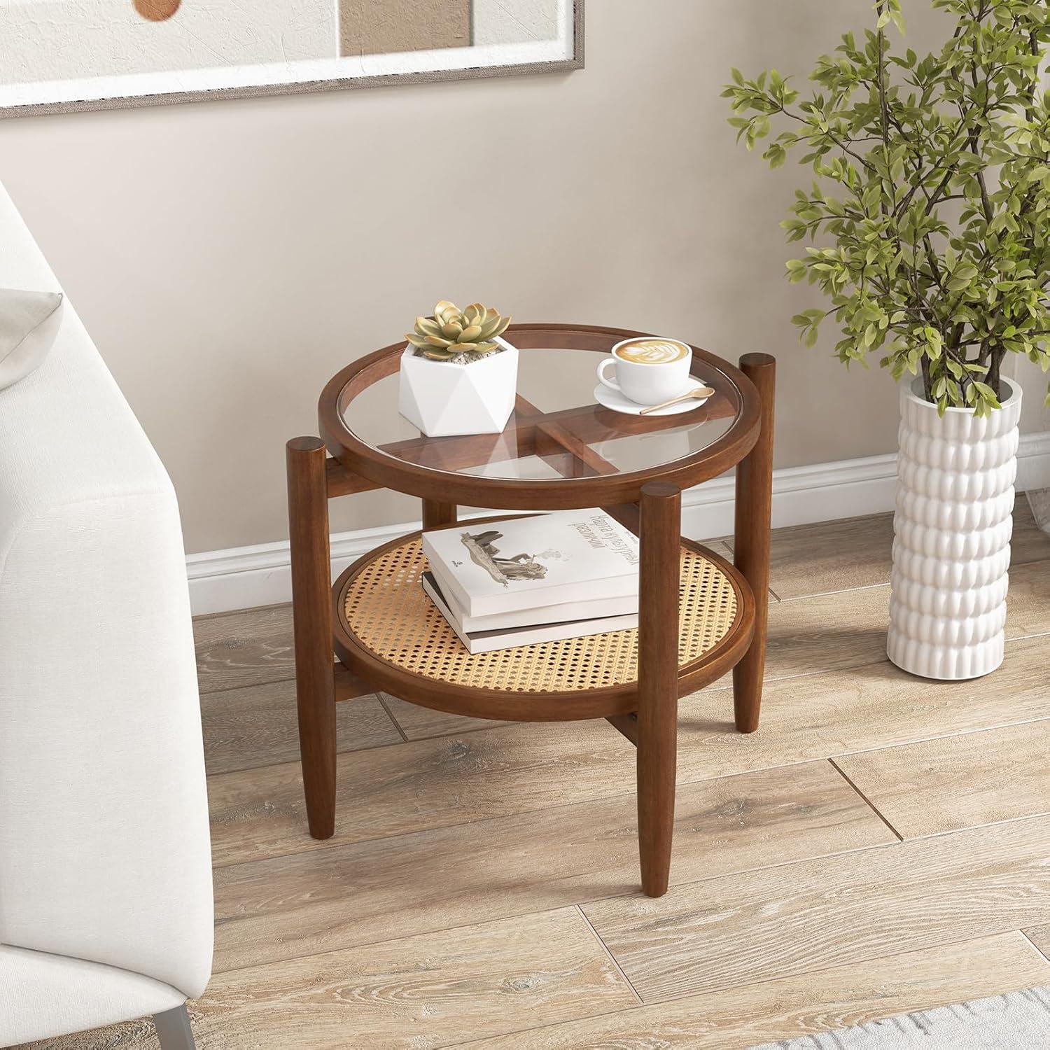 image:imageGiantex Rattan Round End Table Walnut Boho Nightstand with Tempered Glass Top and Acacia Wood Legs 2Tier Side Table with Storage Bedside Tables for Small Spaces Living Room Bedroom