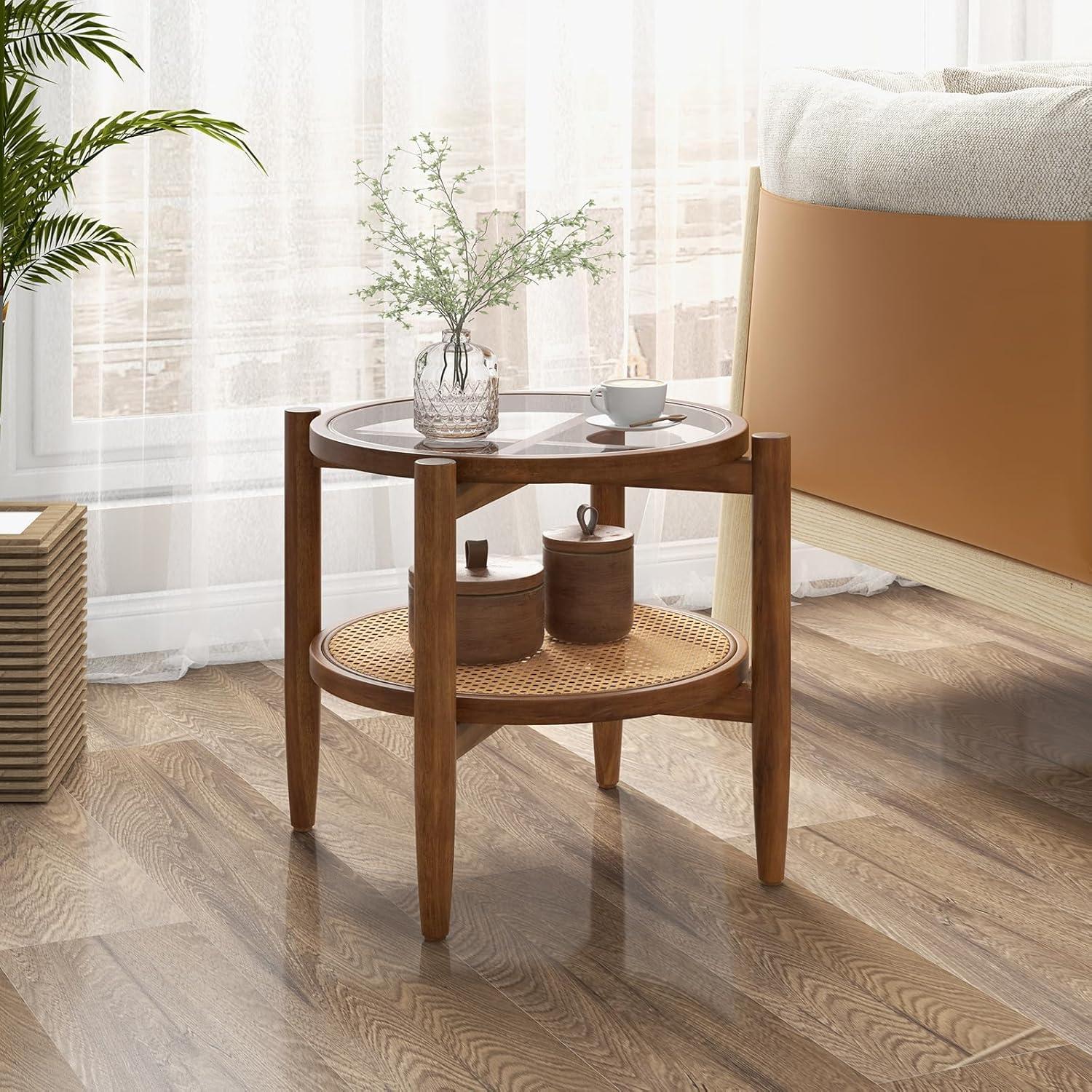 image:imageGiantex Rattan Round End Table Walnut Boho Nightstand with Tempered Glass Top and Acacia Wood Legs 2Tier Side Table with Storage Bedside Tables for Small Spaces Living Room Bedroom