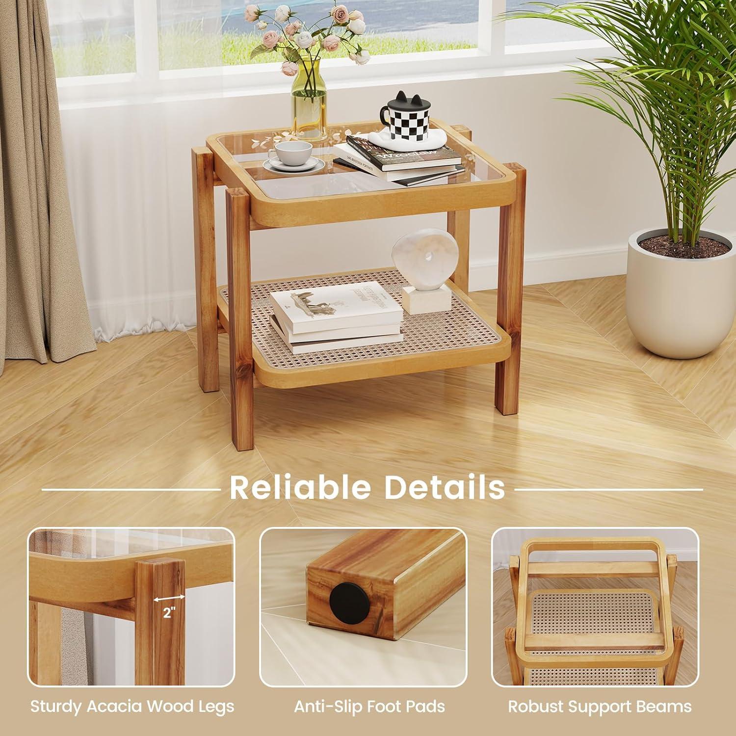 image:imageGiantex Rattan Side Table Boho End Table for Living Room Narrow Bedside Table with Tempered Glass Top Wood Accent Table with Rattan Storage Shelf 2Tier Nightstand for Bedroom Small Spaces2