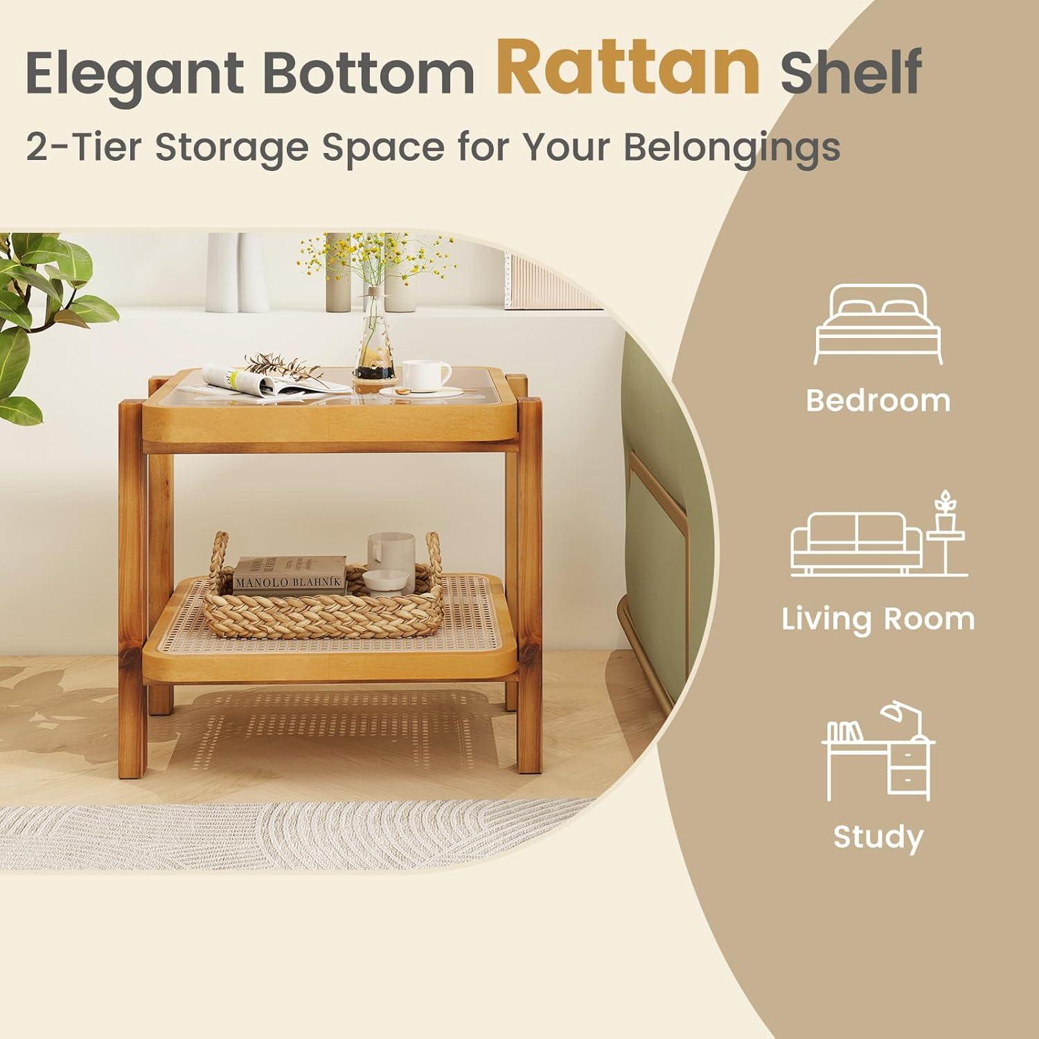 image:imageGiantex Rattan Side Table Boho End Table for Living Room Narrow Bedside Table with Tempered Glass Top Wood Accent Table with Rattan Storage Shelf 2Tier Nightstand for Bedroom Small Spaces1