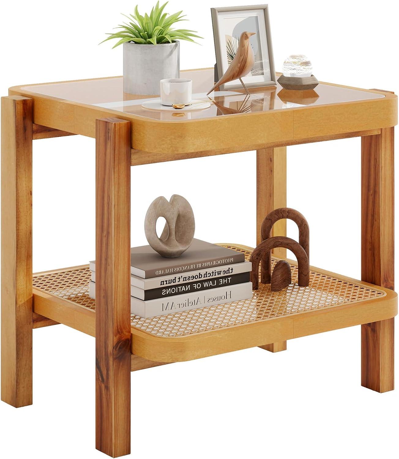 image:imageGiantex Rattan Side Table Boho End Table for Living Room Narrow Bedside Table with Tempered Glass Top Wood Accent Table with Rattan Storage Shelf 2Tier Nightstand for Bedroom Small Spaces1
