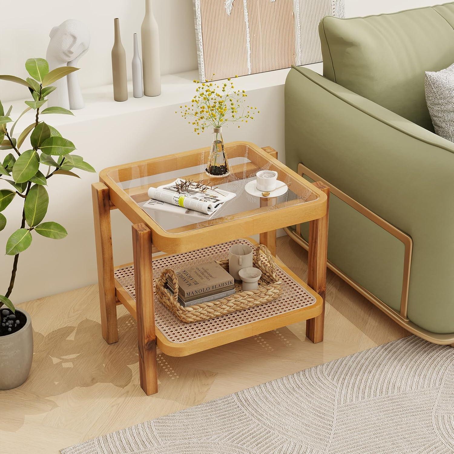 image:imageGiantex Rattan Side Table Boho End Table for Living Room Narrow Bedside Table with Tempered Glass Top Wood Accent Table with Rattan Storage Shelf 2Tier Nightstand for Bedroom Small Spaces1