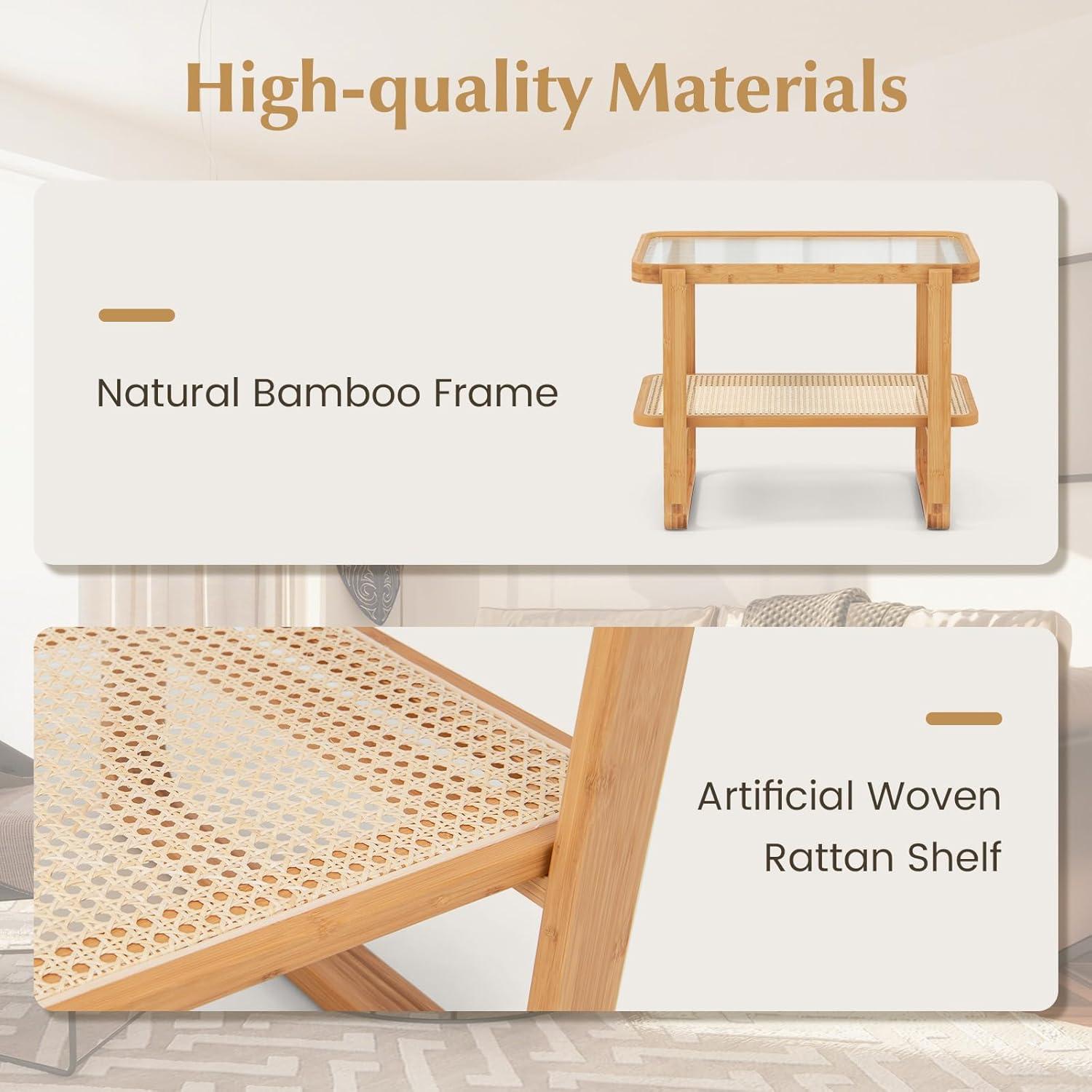 image:imageGiantex Rattan Side Table Set of 2 Boho End Table with Glass Top and 2Tier Storage Shelves Bedside Table for Small Spaces Bamboo Night Stand Coffee Table for Living Room Bedroom