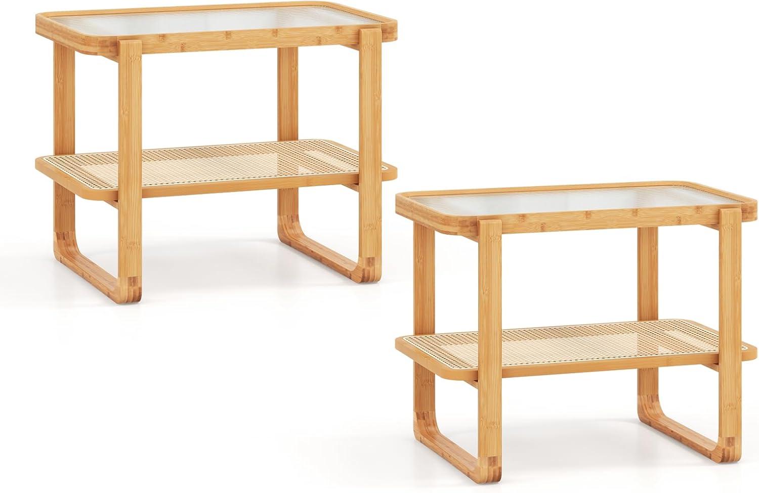 image:imageGiantex Rattan Side Table Set of 2 Boho End Table with Glass Top and 2Tier Storage Shelves Bedside Table for Small Spaces Bamboo Night Stand Coffee Table for Living Room Bedroom