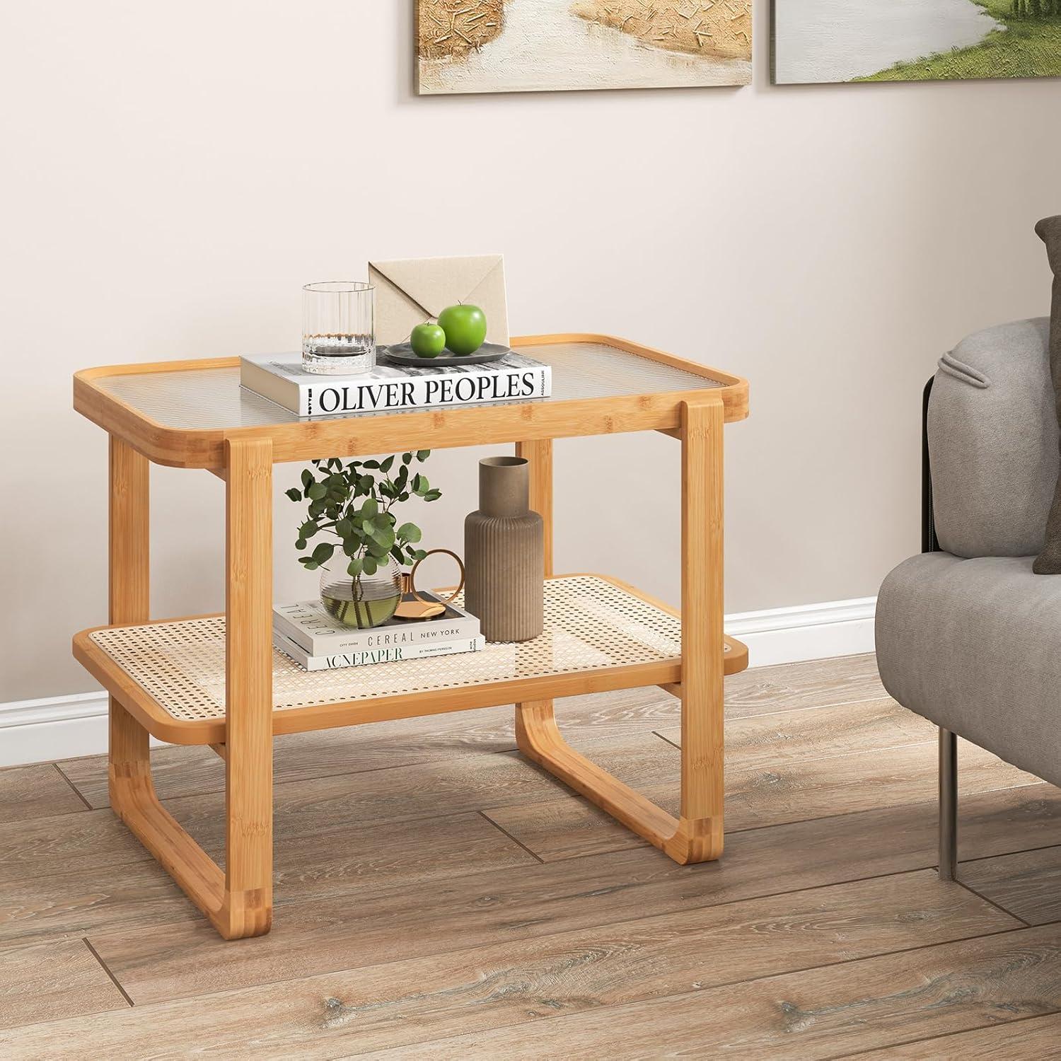 image:imageGiantex Rattan Side Table Set of 2 Boho End Table with Glass Top and 2Tier Storage Shelves Bedside Table for Small Spaces Bamboo Night Stand Coffee Table for Living Room Bedroom