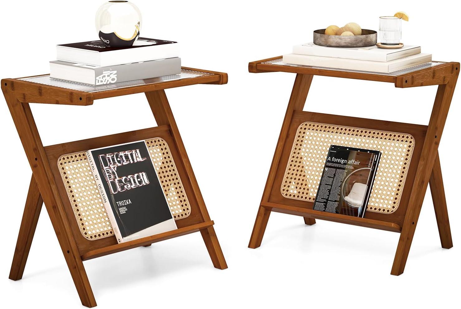 image:imageGiantex Rattan Side Table Set of 2 Boho Nightstand with Glass Top amp Magazine Rack End Table with Storage Bamboo Bedside Table for Small Space Living Room Bedroom NaturalWalnut