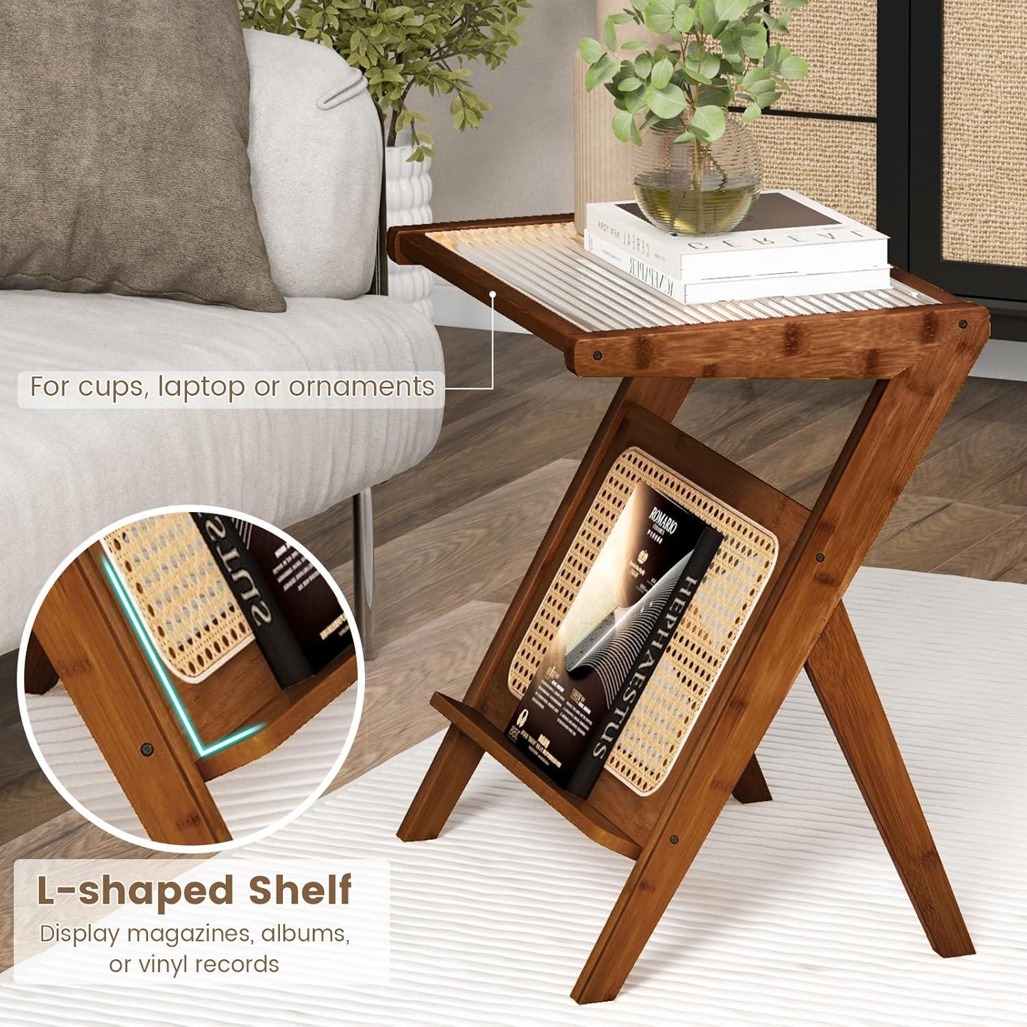 image:imageGiantex Rattan Side Table Set of 2 Boho Nightstand with Glass Top amp Magazine Rack End Table with Storage Bamboo Bedside Table for Small Space Living Room Bedroom NaturalWalnut
