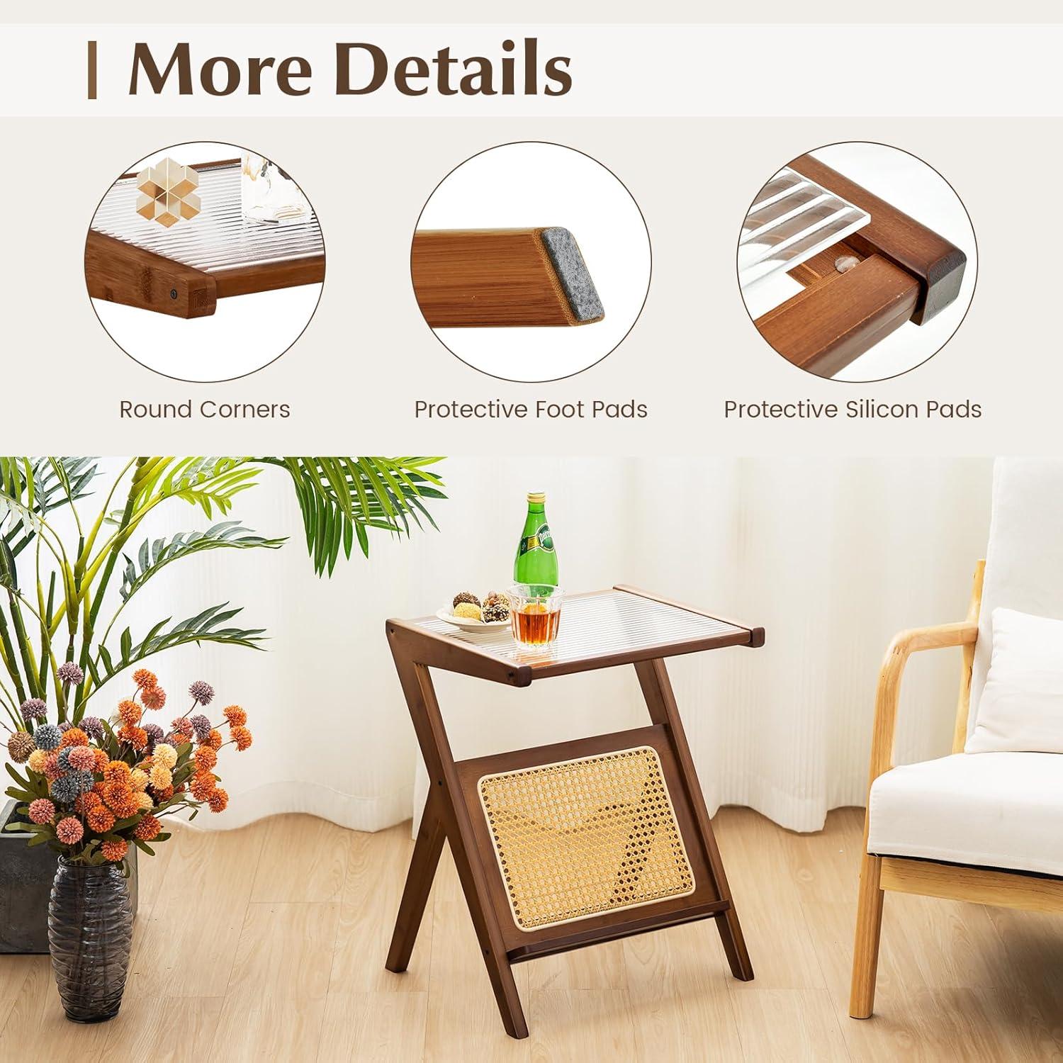 image:imageGiantex Rattan Side Table Set of 2 Boho Nightstand with Glass Top amp Magazine Rack End Table with Storage Bamboo Bedside Table for Small Space Living Room Bedroom NaturalWalnut