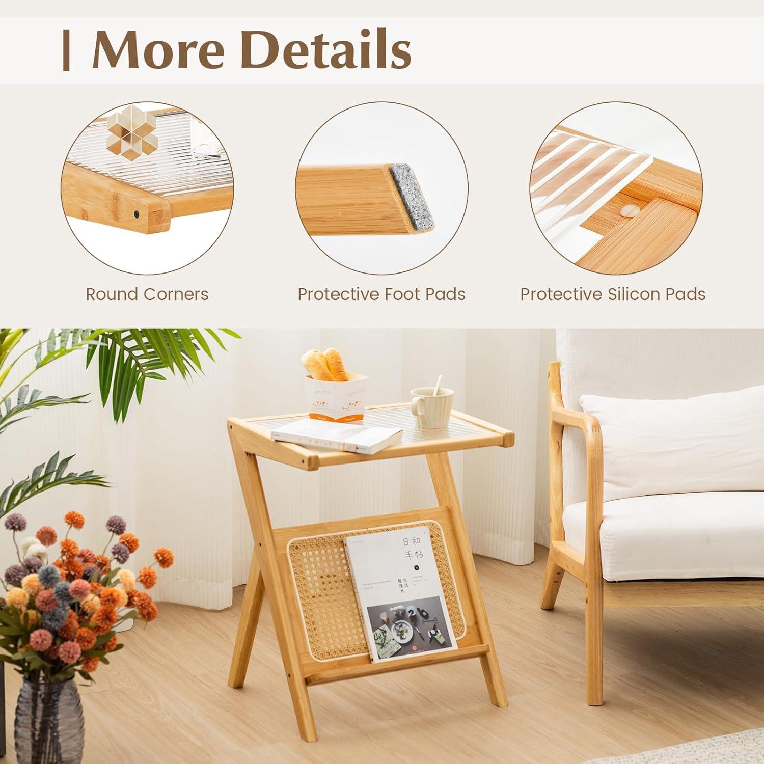 image:imageGiantex Rattan Side Table Set of 2 Boho Nightstand with Glass Top amp Magazine Rack End Table with Storage Bamboo Bedside Table for Small Space Living Room Bedroom NaturalNatural