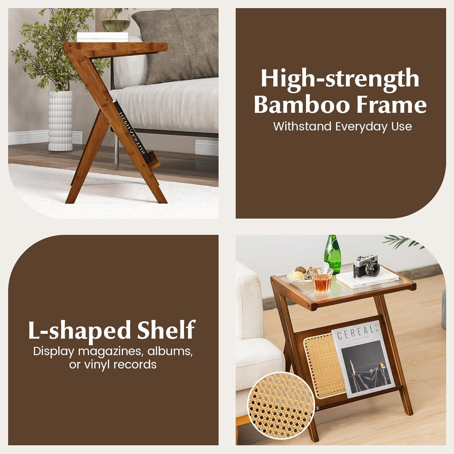 image:imageGiantex Rattan Side Table Set of 2 Boho Nightstand with Glass Top amp Magazine Rack End Table with Storage Bamboo Bedside Table for Small Space Living Room Bedroom NaturalWalnut