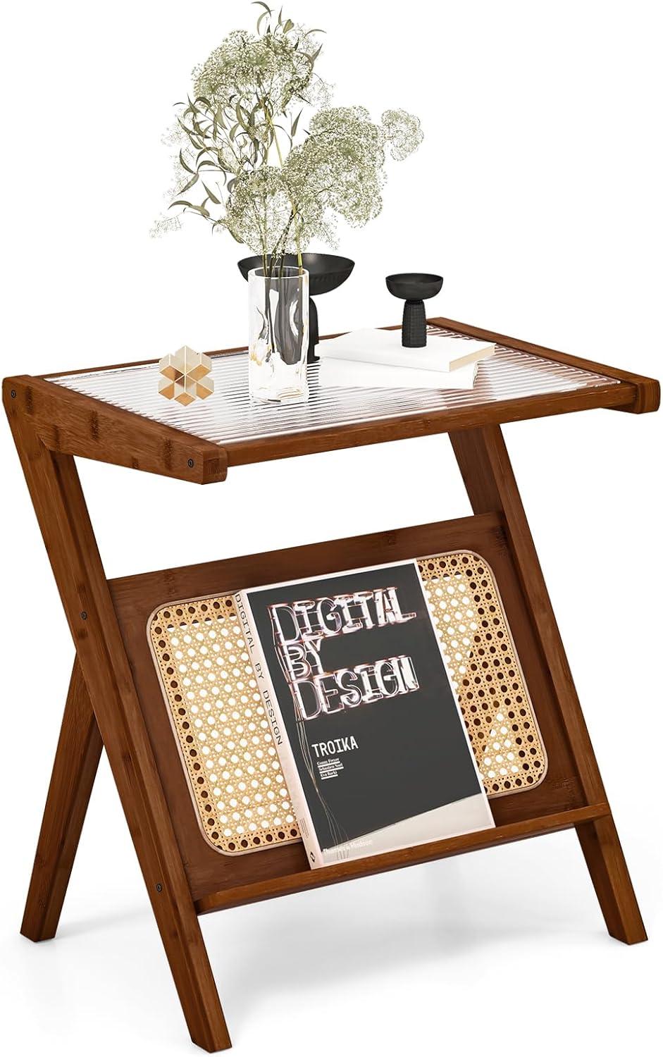 image:imageGiantex Rattan Side Table Set of 2 Boho Nightstand with Glass Top amp Magazine Rack End Table with Storage Bamboo Bedside Table for Small Space Living Room Bedroom NaturalWalnut