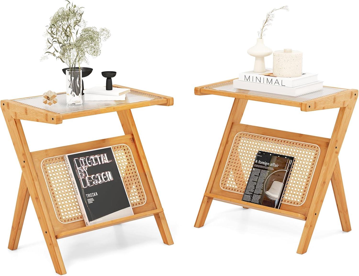 image:imageGiantex Rattan Side Table Set of 2 Boho Nightstand with Glass Top amp Magazine Rack End Table with Storage Bamboo Bedside Table for Small Space Living Room Bedroom NaturalNatural