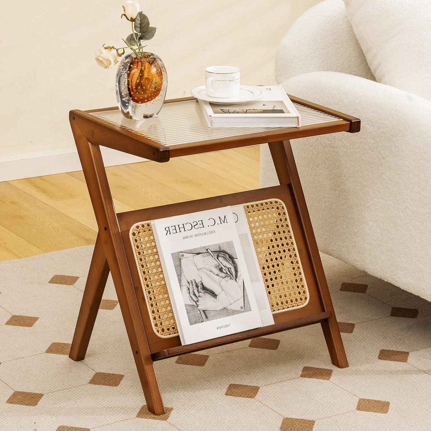 image:imageGiantex Rattan Side Table Set of 2 Boho Nightstand with Glass Top amp Magazine Rack End Table with Storage Bamboo Bedside Table for Small Space Living Room Bedroom NaturalWalnut